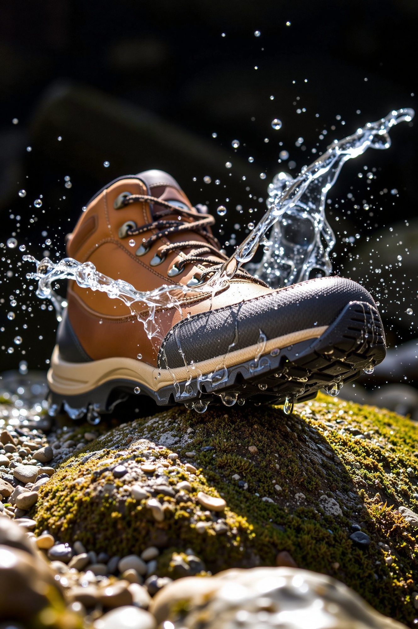 A high-quality photograph of a brown and tan hiking boot with water splashing around it,  lit by a bright sunlight set aga...