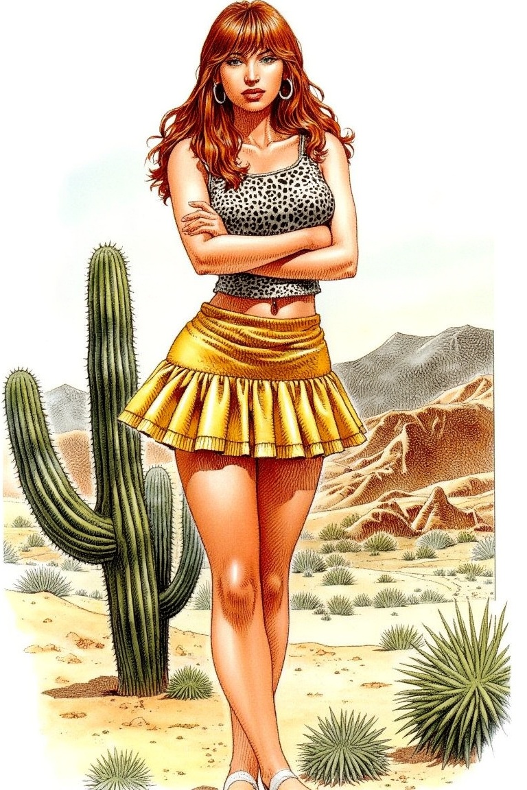 a woman in a leopard print top and a frilly yellow skirt,  arms crossed,  standing in a desert on Tensor.Art