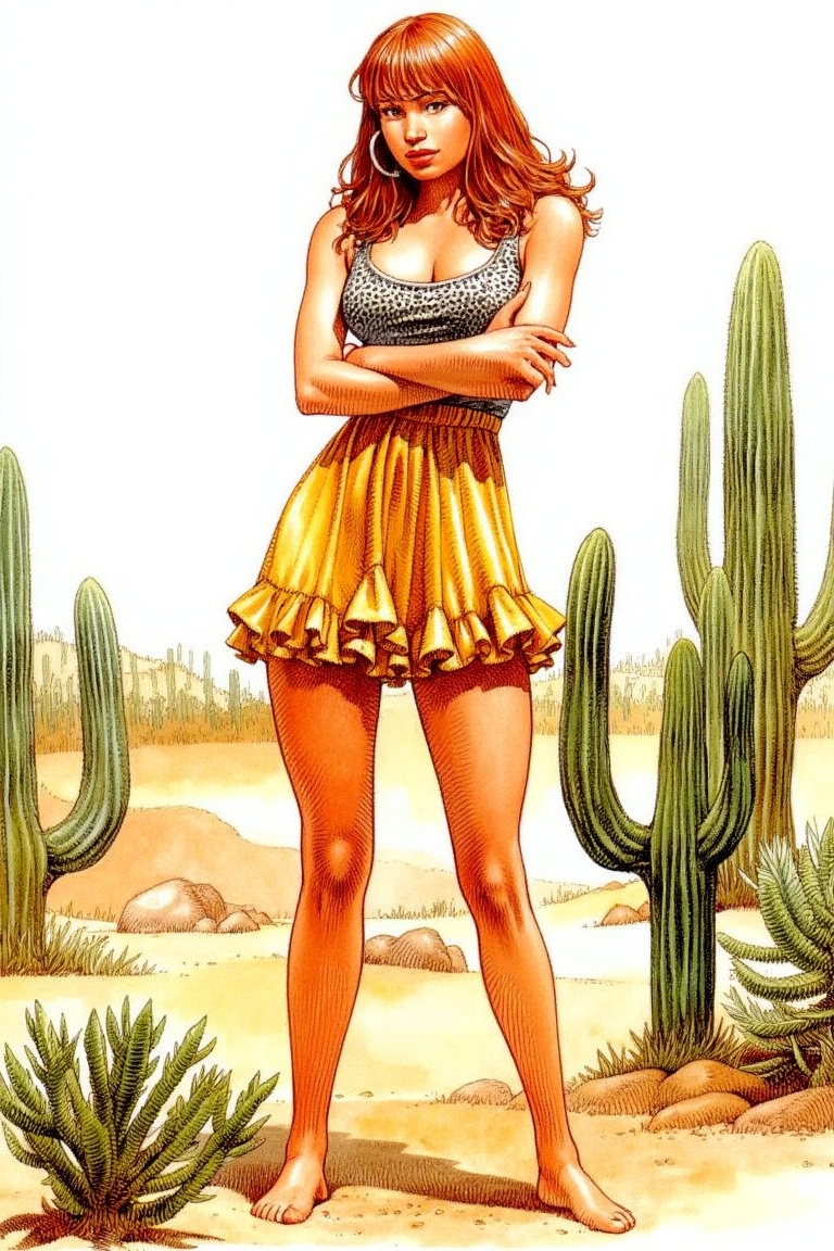 a woman in a leopard print top and a frilly yellow skirt,  arms crossed,  standing in a desert on Tensor.Art