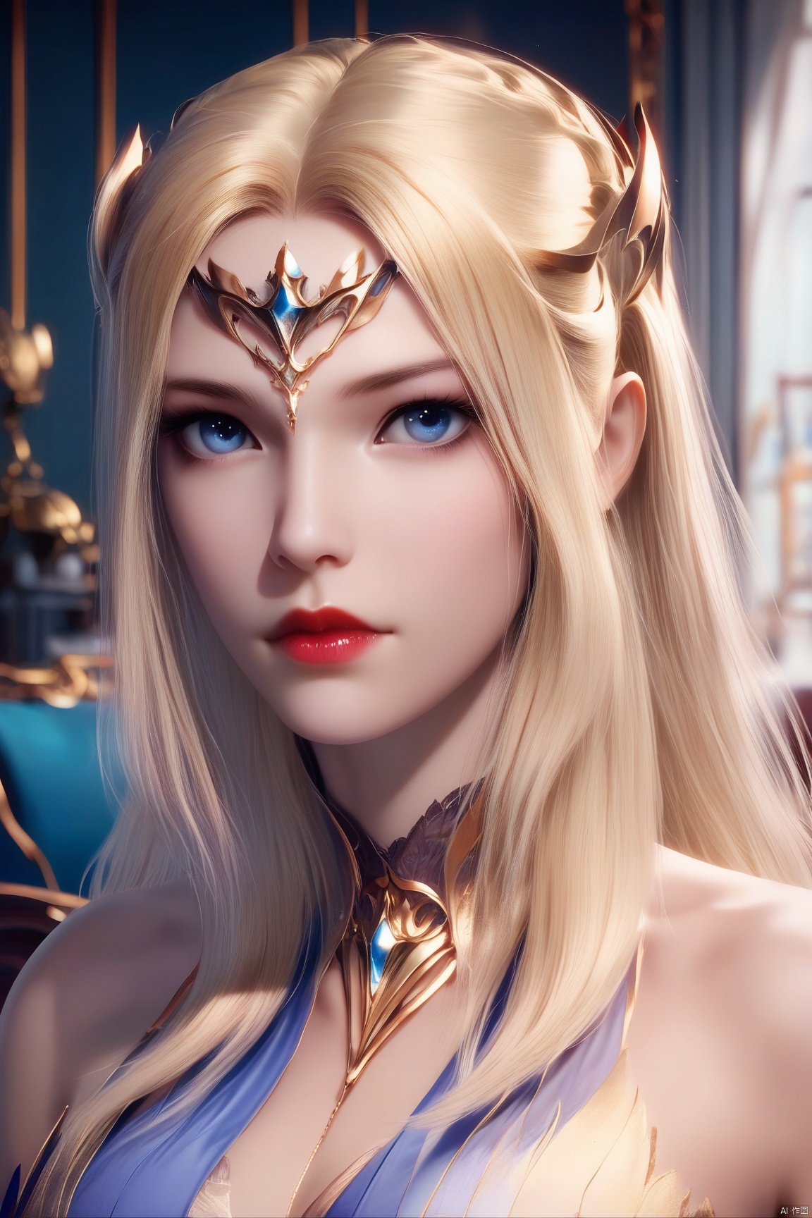 score_9, score_8_up, score_7_up,highly detailed digital, 
1girl, solo, long hair, looking at viewer, blue eyes, blonde hair, closed mouth, indoors, lips, portrait, circlet, red lips
ultra detailed background,ultra detailed background,ultra realistic 8k cg, ,masterpiece,
