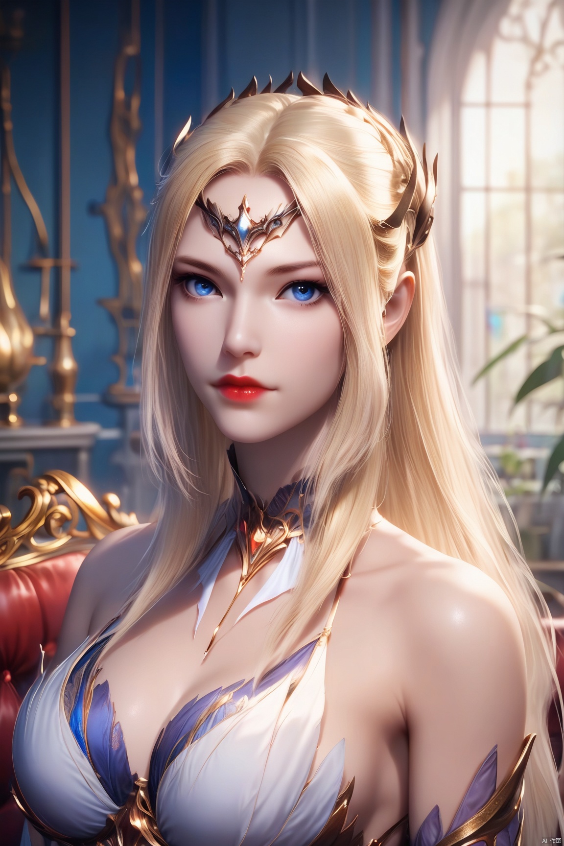 score_9, score_8_up, score_7_up,highly detailed digital, 
1girl, solo, long hair, looking at viewer, blue eyes, blonde hair, closed mouth, indoors, lips, circlet, red lips,full body,
ultra detailed background,ultra detailed background,ultra realistic 8k cg, ,masterpiece,