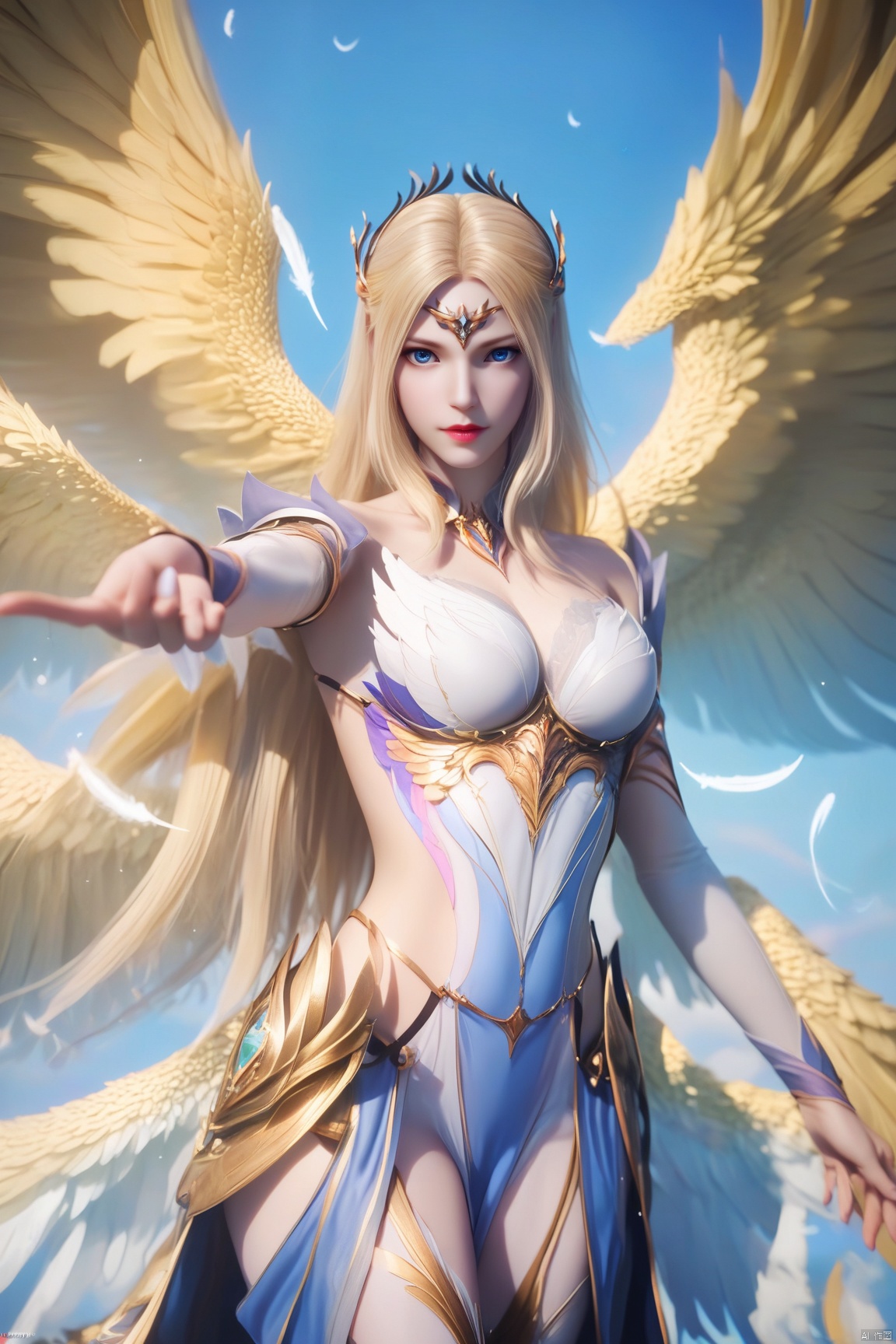 score_9, score_8_up, score_7_up,highly detailed digital, 
1girl, solo, long hair, looking at viewer, blue eyes, blonde hair, wings, sky, day, armor, blue sky, feathers, feathered wings, angel wings, angel, pillar, multiple wings,
ultra detailed background,ultra detailed background,ultra realistic 8k cg, ,masterpiece,