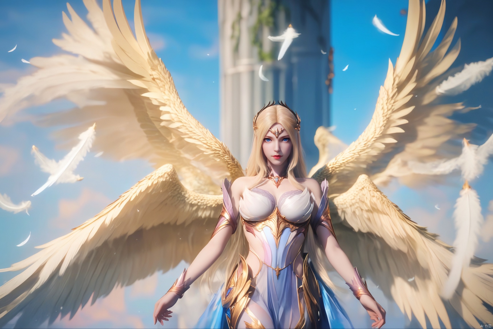 score_9, score_8_up, score_7_up,highly detailed digital, 
1girl, solo, long hair, looking at viewer, blue eyes, blonde hair, wings, sky, day, armor, blue sky, feathers, feathered wings, angel wings, angel, pillar, multiple wings,
ultra detailed background,ultra detailed background,ultra realistic 8k cg, ,masterpiece,