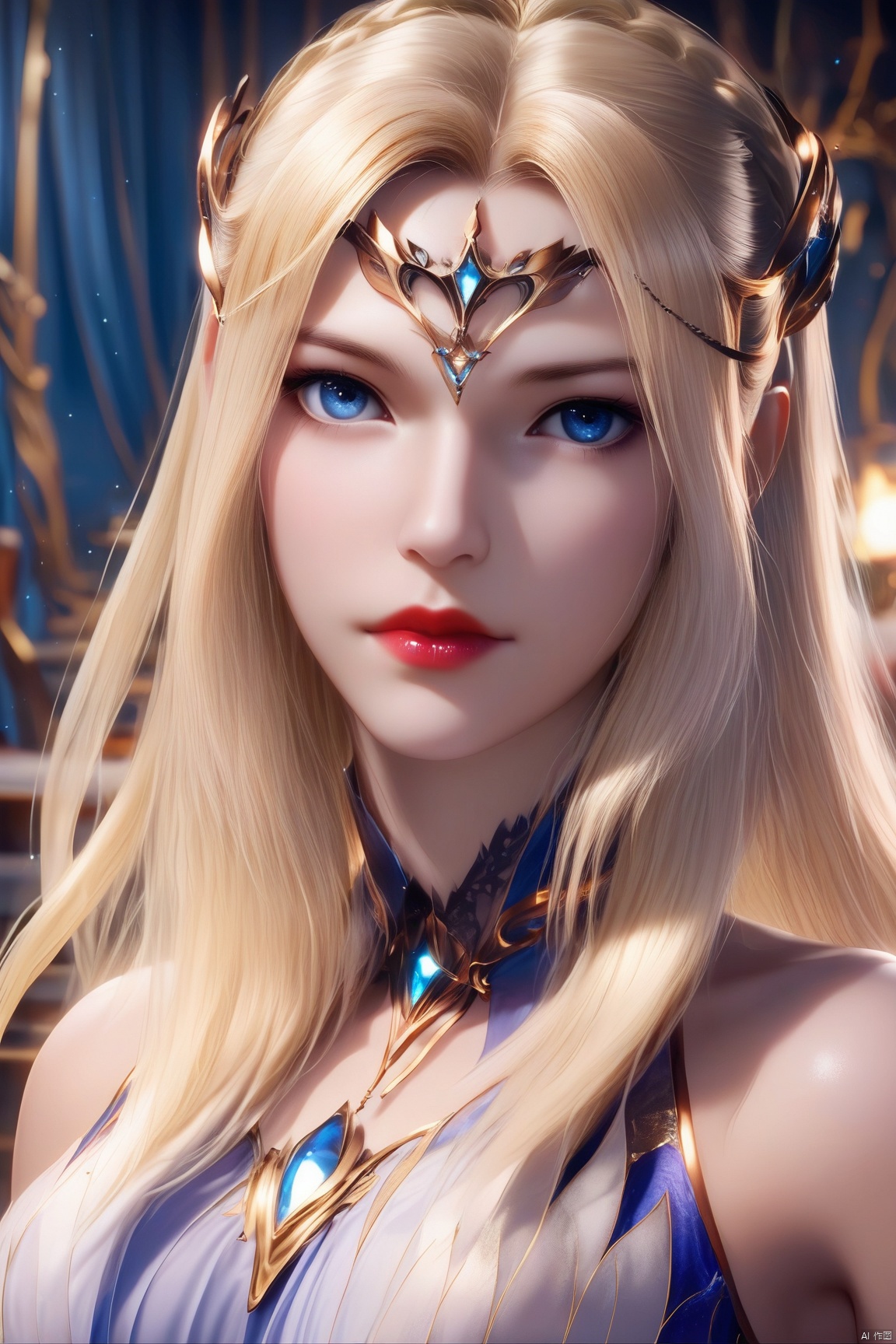 score_9, score_8_up, score_7_up,highly detailed digital, 
1girl, solo, long hair, looking at viewer, blue eyes, blonde hair, closed mouth, indoors, lips, circlet, red lips,upper body,
ultra detailed background,ultra detailed background,ultra realistic 8k cg, ,masterpiece,