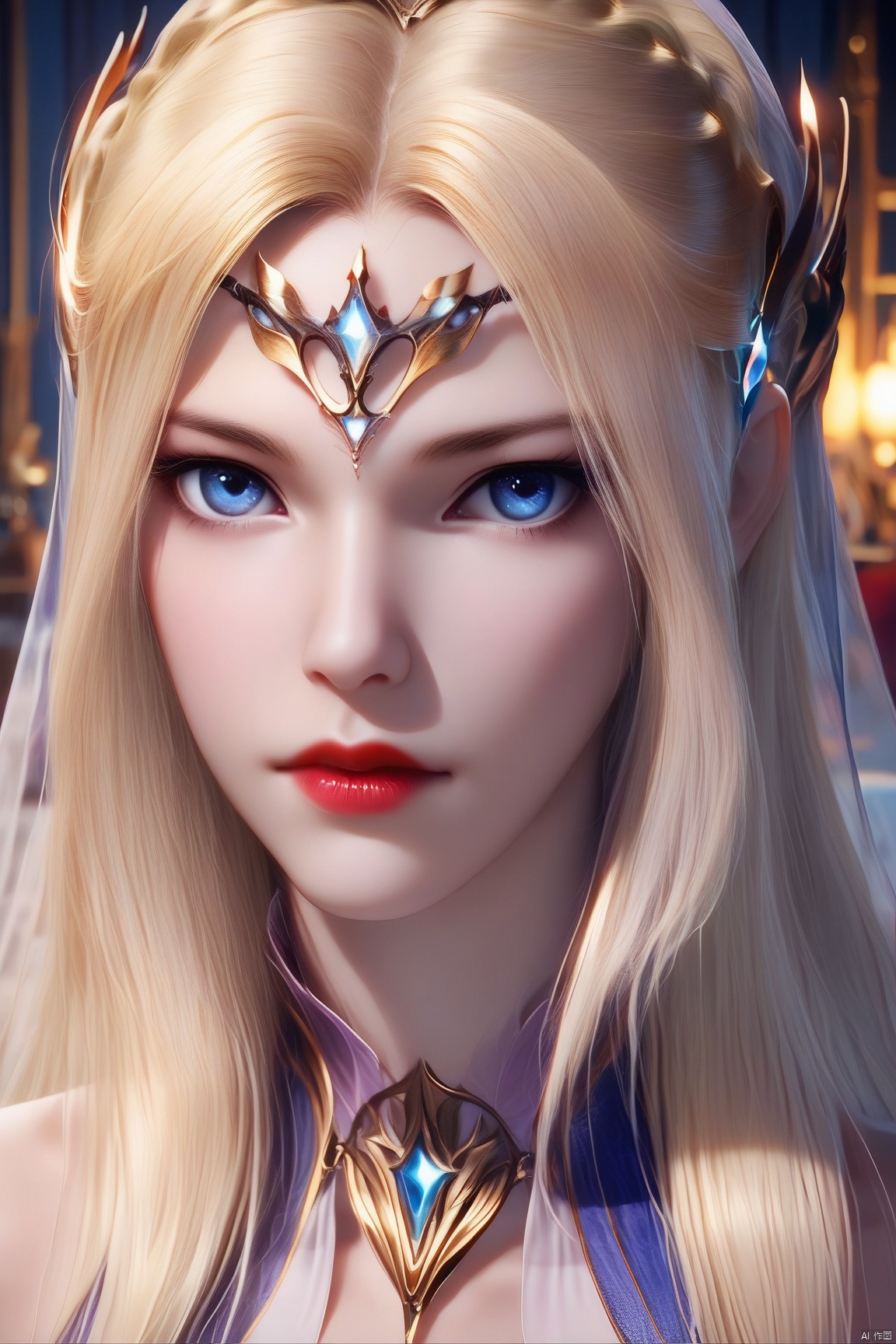 score_9, score_8_up, score_7_up,highly detailed digital, 
1girl, solo, long hair, looking at viewer, blue eyes, blonde hair, closed mouth, indoors, lips, circlet, red lips,upper body,
ultra detailed background,ultra detailed background,ultra realistic 8k cg, ,masterpiece,