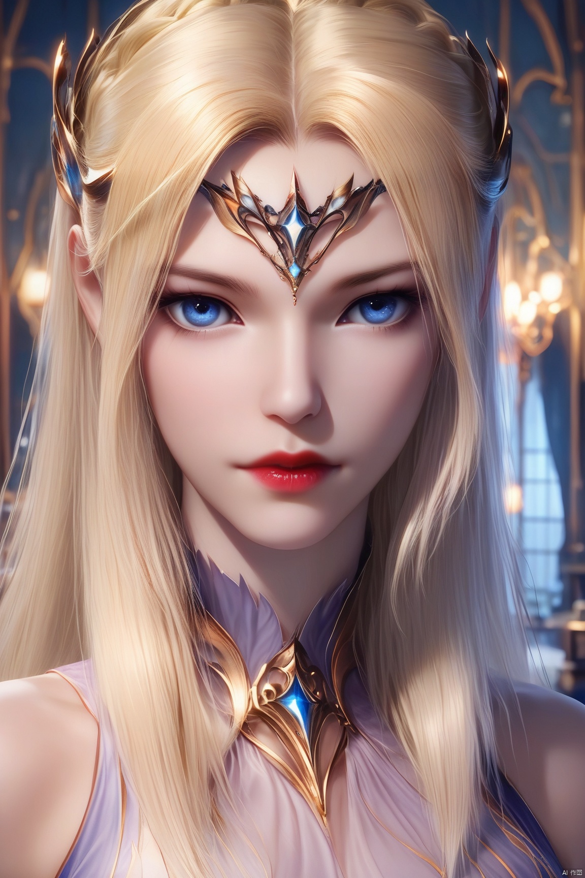 score_9, score_8_up, score_7_up,highly detailed digital, 
1girl, solo, long hair, looking at viewer, blue eyes, blonde hair, closed mouth, indoors, lips, circlet, red lips,full body,
ultra detailed background,ultra detailed background,ultra realistic 8k cg, ,masterpiece,