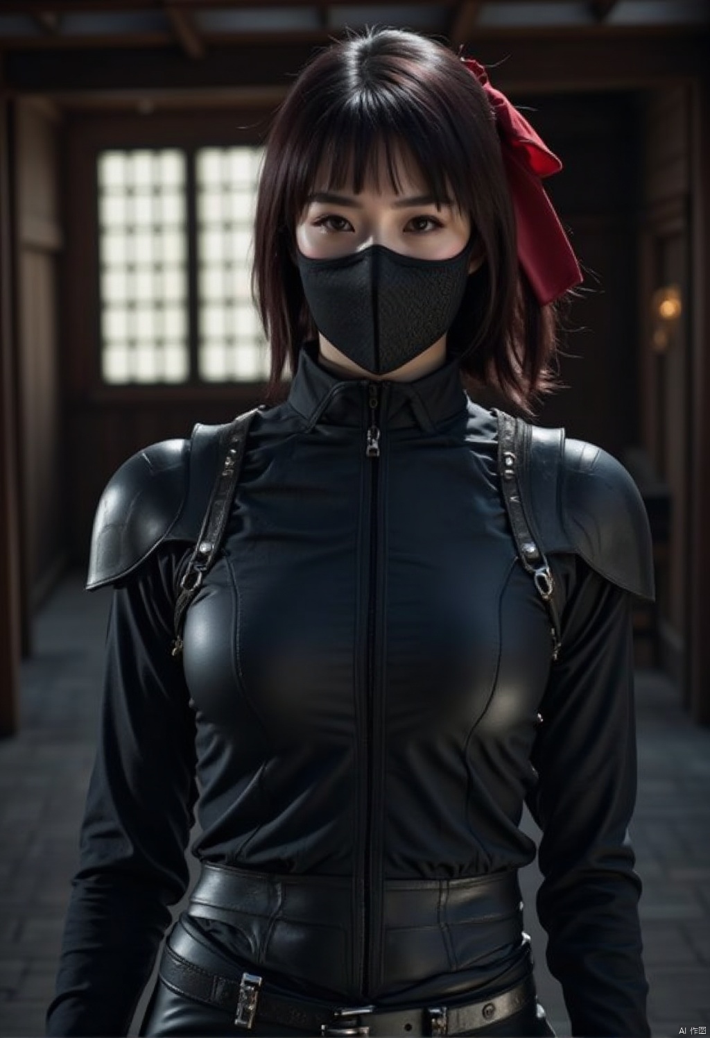 ssassin costumes.,a woman dressed in a black leather outfit,adorned with a black mask and a red bow in her hair. The woman's hair is styled in a sleek bob,adding a pop of color to the scene. She is standing in front of a backdrop of a wooden ,buildin,with a large window that allows natural light to shine on her face.
