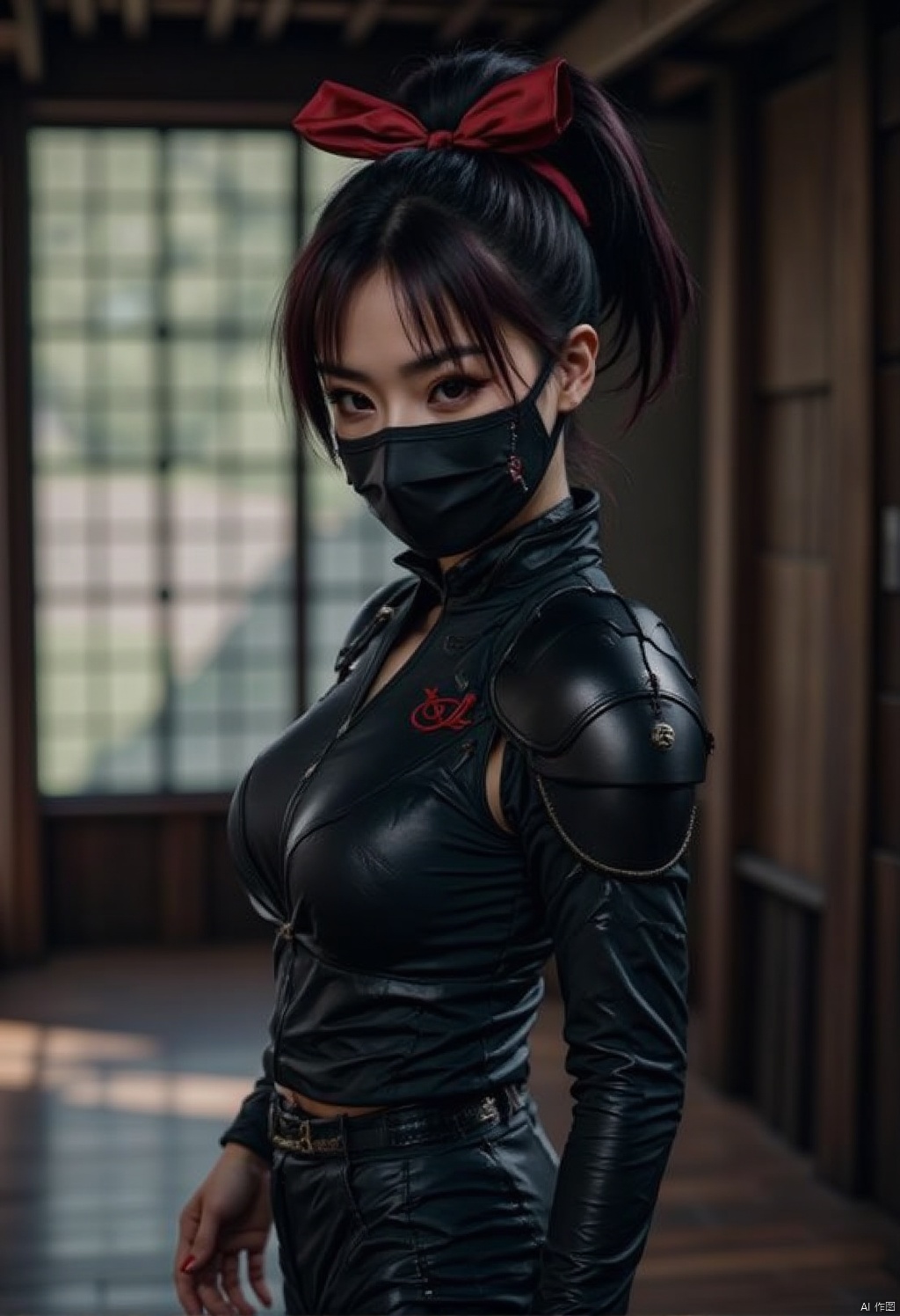 ssassin costumes.,a woman dressed in a black leather outfit,adorned with a black mask and a red bow in her hair. The woman's hair is styled in a sleek bob,adding a pop of color to the scene. She is standing in front of a backdrop of a wooden ,buildin,with a large window that allows natural light to shine on her face.
