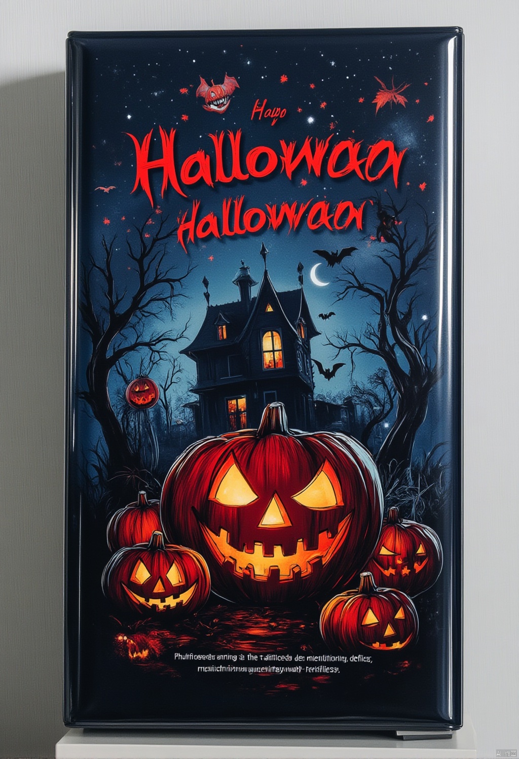 Halloween horror poster style,A close-up view of a dark blue DVD case with the words "Happy Halloween" and "Halloween" written in red on the top. The DVD case is positioned against a white wall. The back of the DVD case has a picture of a jack-o-lantern on it. There are three pumpkins on the side of it. The pumpkins are lit up with glowing yellow eyes. There is a black house in the background with a crescent moon in the middle of the night sky.
