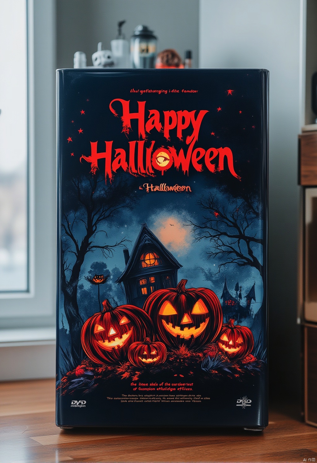 Halloween horror poster style,A close-up view of a dark blue DVD case with the words "Happy Halloween" and "Halloween" written in red on the top. The DVD case is positioned against a white wall. The back of the DVD case has a picture of a jack-o-lantern on it. There are three pumpkins on the side of it. The pumpkins are lit up with glowing yellow eyes. There is a black house in the background with a crescent moon in the middle of the night sky.
