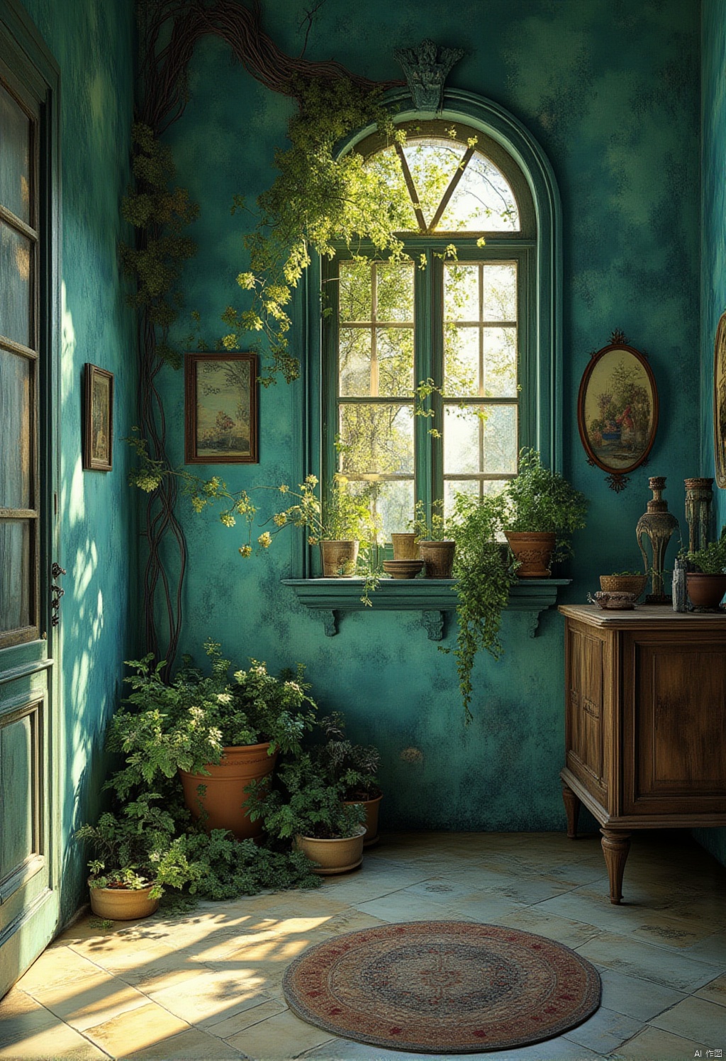 Rustic interior design,a medium-angle shot captures the interior of a room. The walls are adorned with a blue-,green painted wall,adorned with an arched window frame,adding a touch of nature to the scene. To the left of the frame
