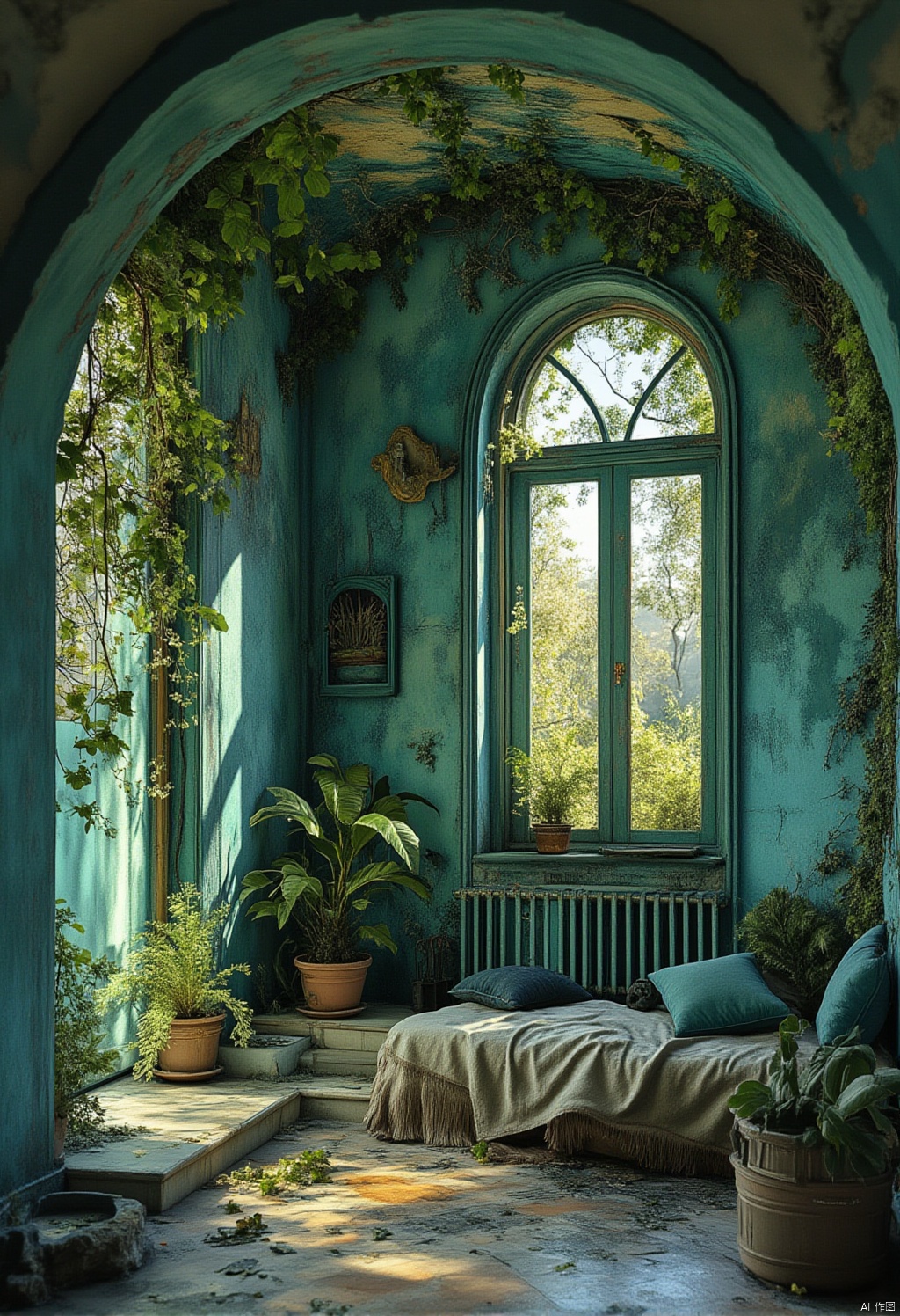 Rustic interior design,a medium-angle shot captures the interior of a room. The walls are adorned with a blue-,green painted wall,adorned with an arched window frame,adding a touch of nature to the scene. To the left of the frame
