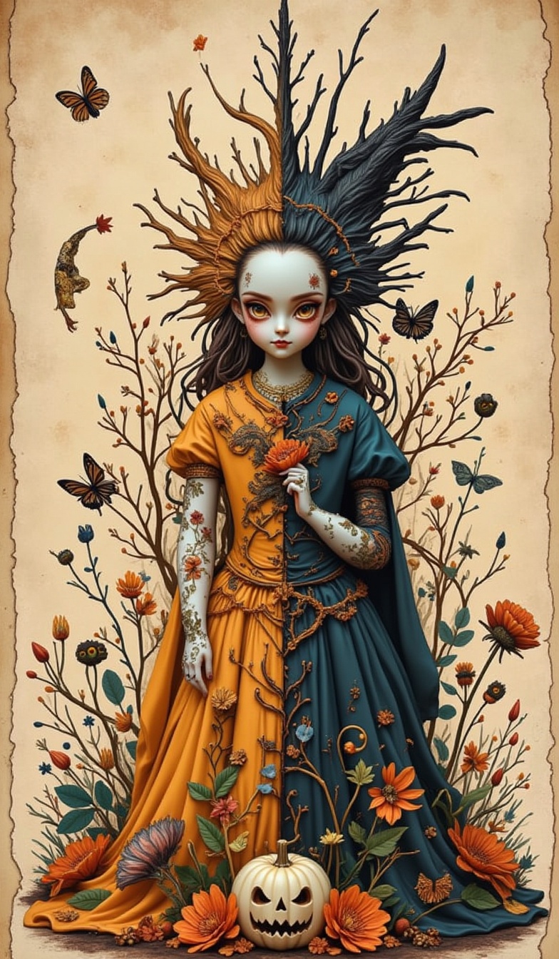 Highly detailed Halloween style figure,  closed art with yin and yang parts,  double exposure on Tensor.Art