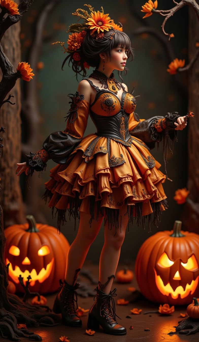 Stunning photo embodying the Rococo-punk art style,  featuring a Caucasian model elegantly dressed in a Halloween pumpkin...