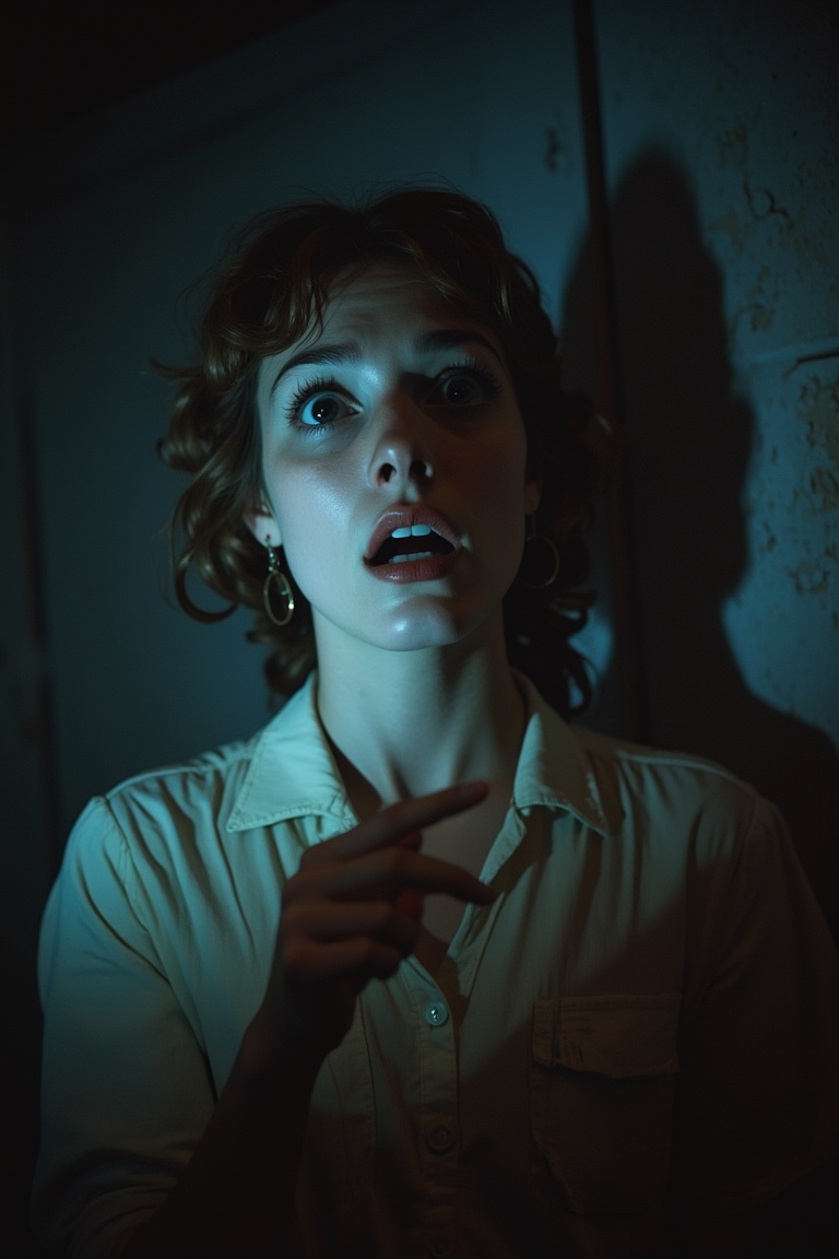 60's style photo of a shocked woman,  her face illuminated by the beam of a flashlight from the camera. The room is dimly...