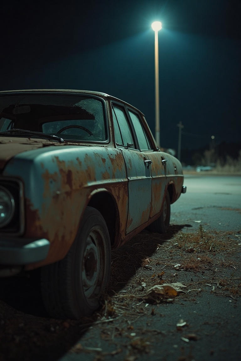 60's style photo of a night scene,  a rusty car illuminated by the beam of a flashlight from the camera. The car is parked...