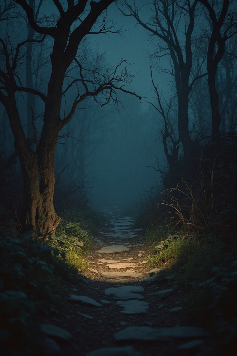 60's style photo of a small path in a forest at night,  dimly lit with shadows cast by a weak flashlight from the camera....