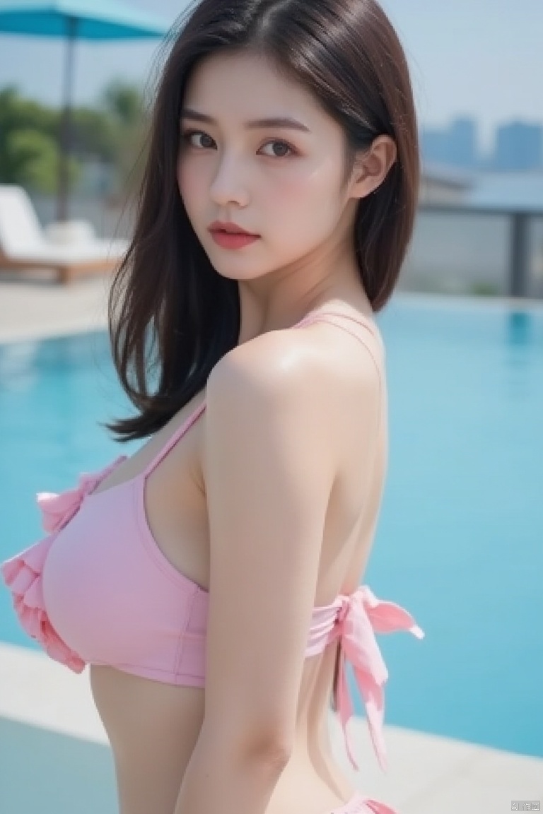 sexy,masterpiece,best quality, high quality,8k,highres,underwear,swimsuit1girl,solo,outdoors,streets,street,city,(Beach_background:1.3),(masterpiece, best quality, realistic,),(photorealistic:1.4),moyou,chinese woman,lip,brown eyes,(brighteninglight:1.2),(Increasequality:1.4),finelydetailedeyes,She has exquisite facial features and delicate skin,Rich and realistic skin texture,fine hands,1girl,looking at viewer,black hair,brown eyes,standing,photorealistic,(half-body),best masterpiece,Ultra high resolution,ultra detailed details,(((swimming pool))),(((bow_bikini))),
