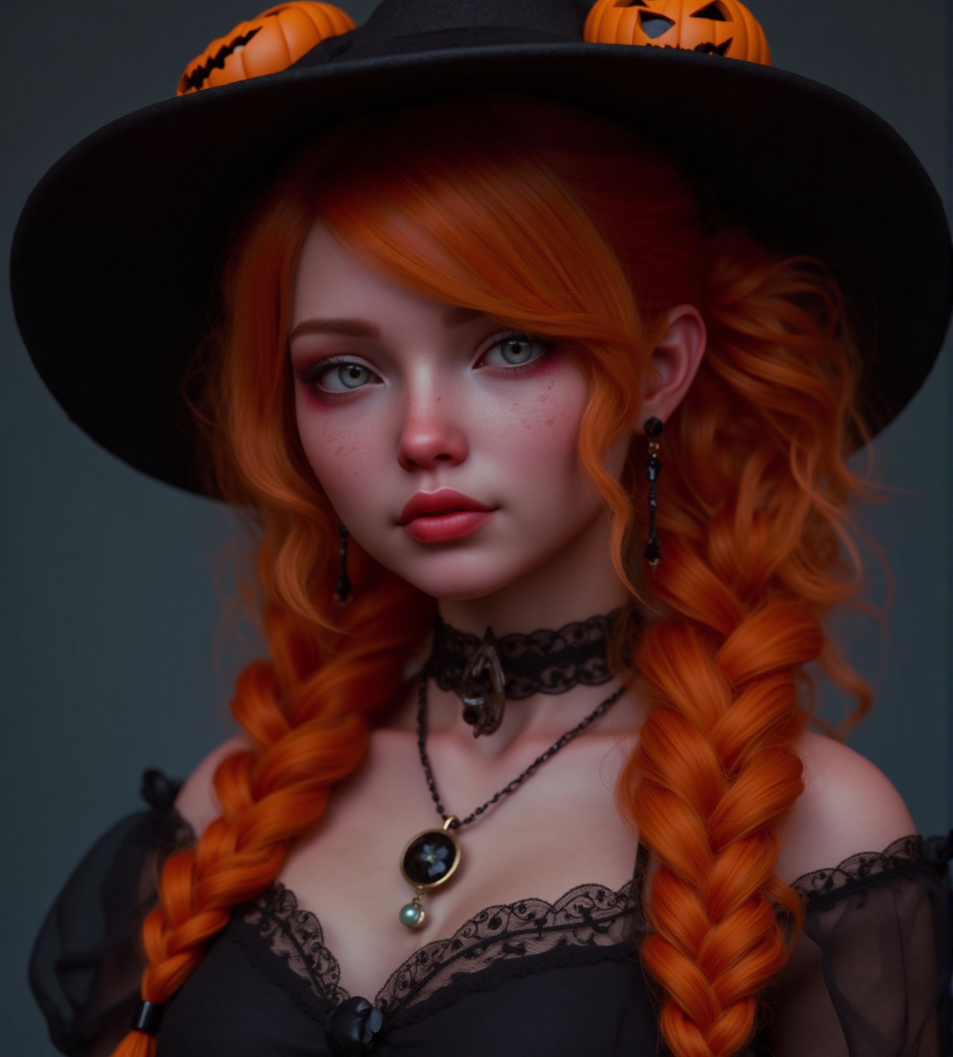 upper body portrait of cute girl with Halloween heavy makeup on face,  in Gothic Haloween costume and hat,  higly detailed...