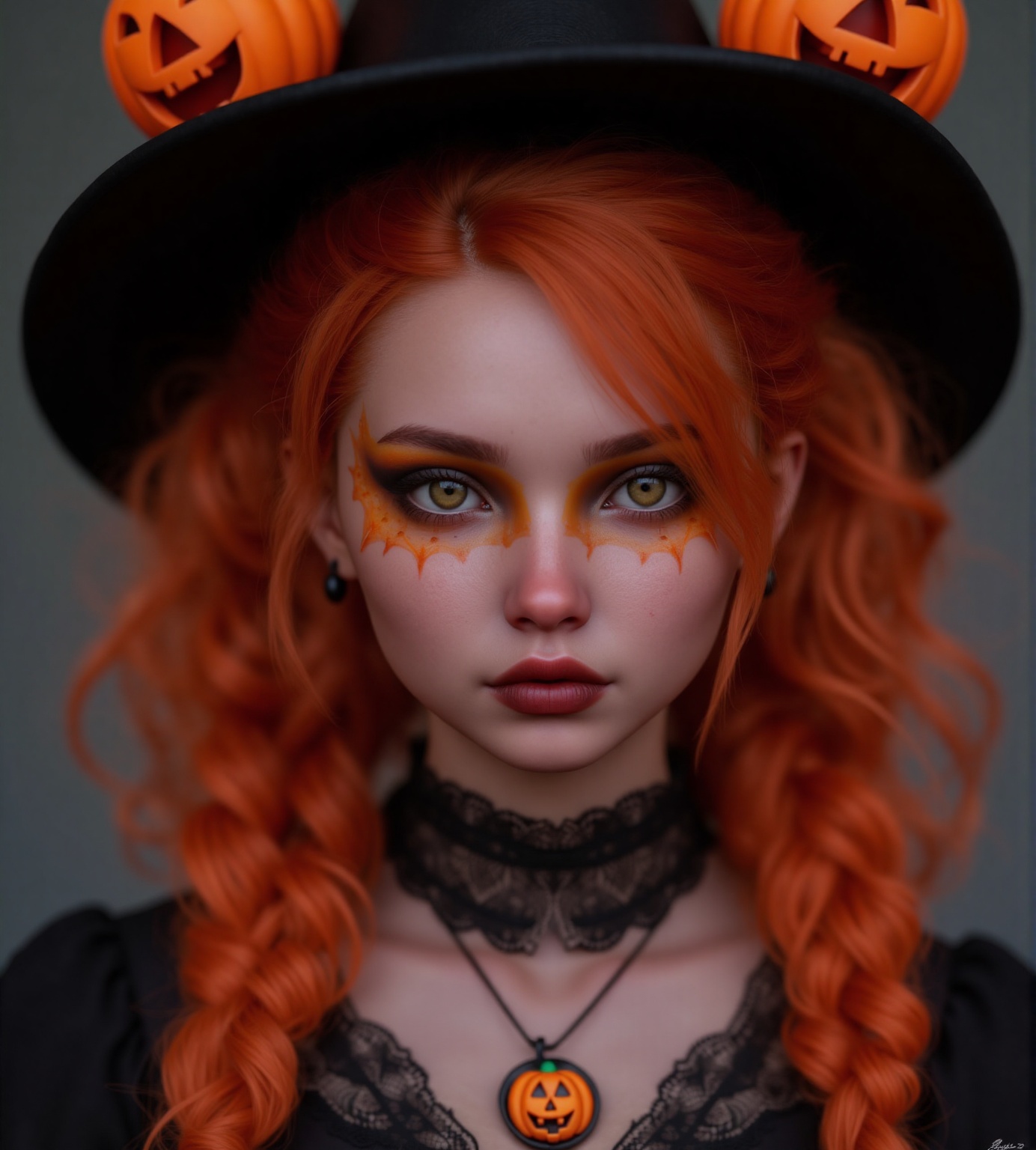 upper body portrait of 15yo cute girl with Halloween heavy makeup on face,  in Gothic Haloween costume and hat,  higly det...
