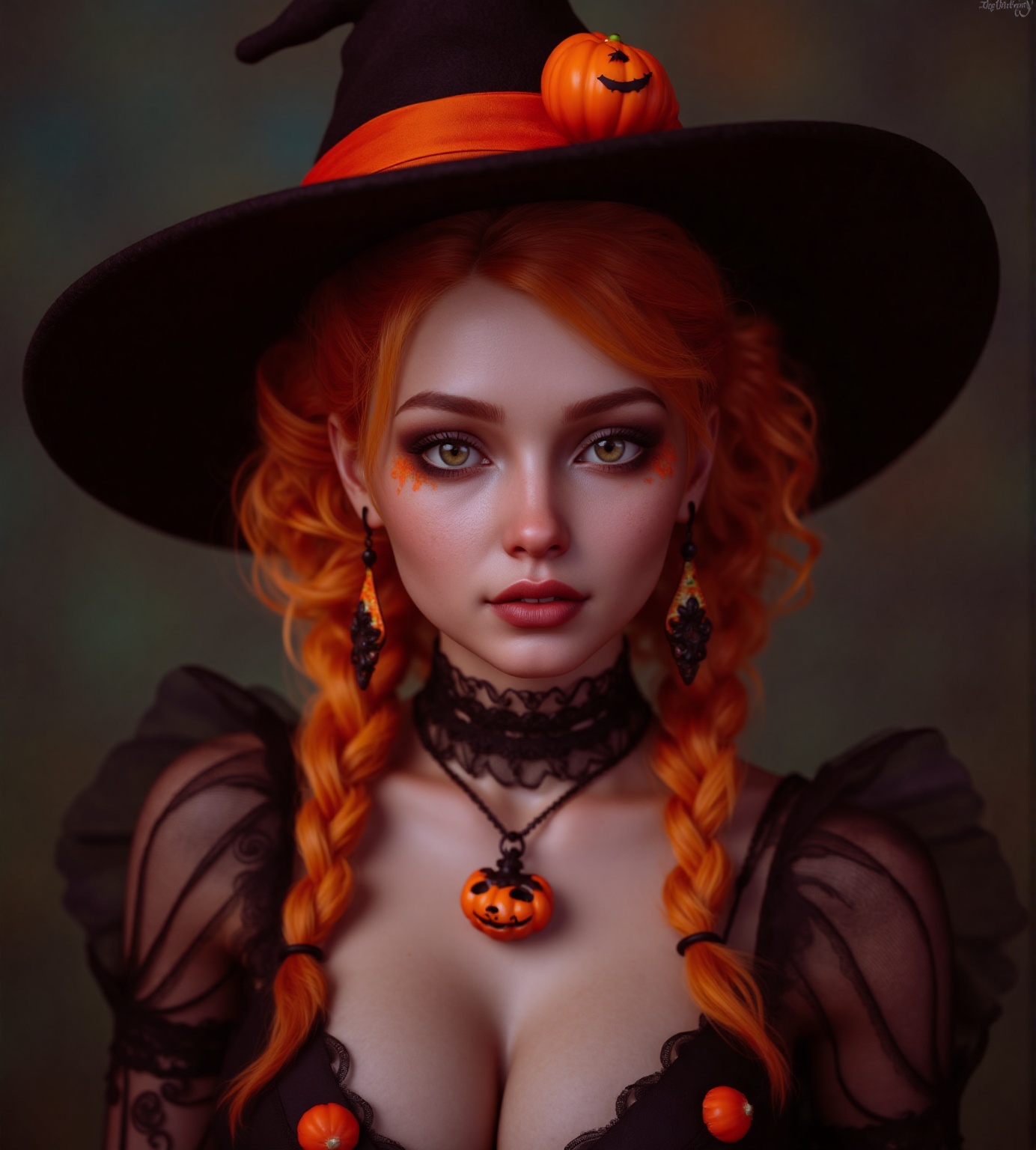 upper body portrait of cute girl with Halloween heavy makeup on face,  in Gothic Haloween costume and hat,  higly detailed...