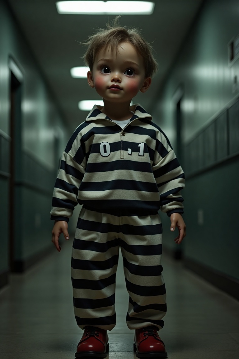 1boy,  haunted doll at prison profiler ,  wearing a prisoner uniform with '0.1' written on it by MidnAi on Tensor.Art