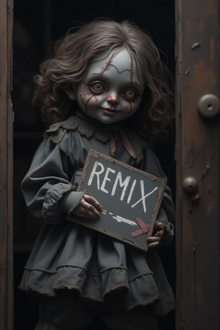 1girl,  looking at viewer,  haunted doll smiling and stand in front of door by MidnAi on Tensor.Art