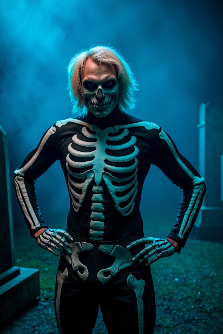 A close-up shot of a blonde man wearing a detailed skeleton costume,  with the skull mask slightly askew,  revealing his m...