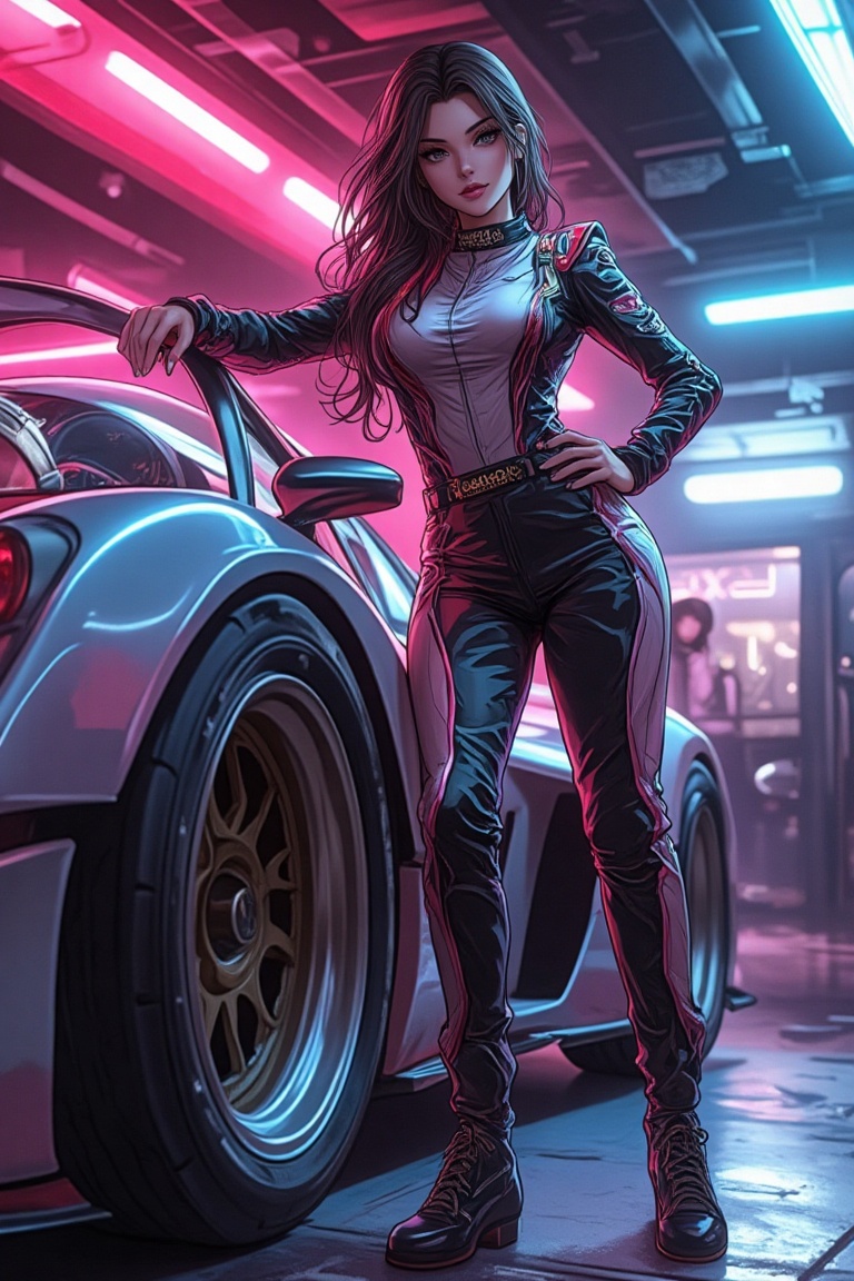 A vibrant Konami art style illustration featuring a dynamic woman in a racing suit,  standing confidently next to a sleek,...