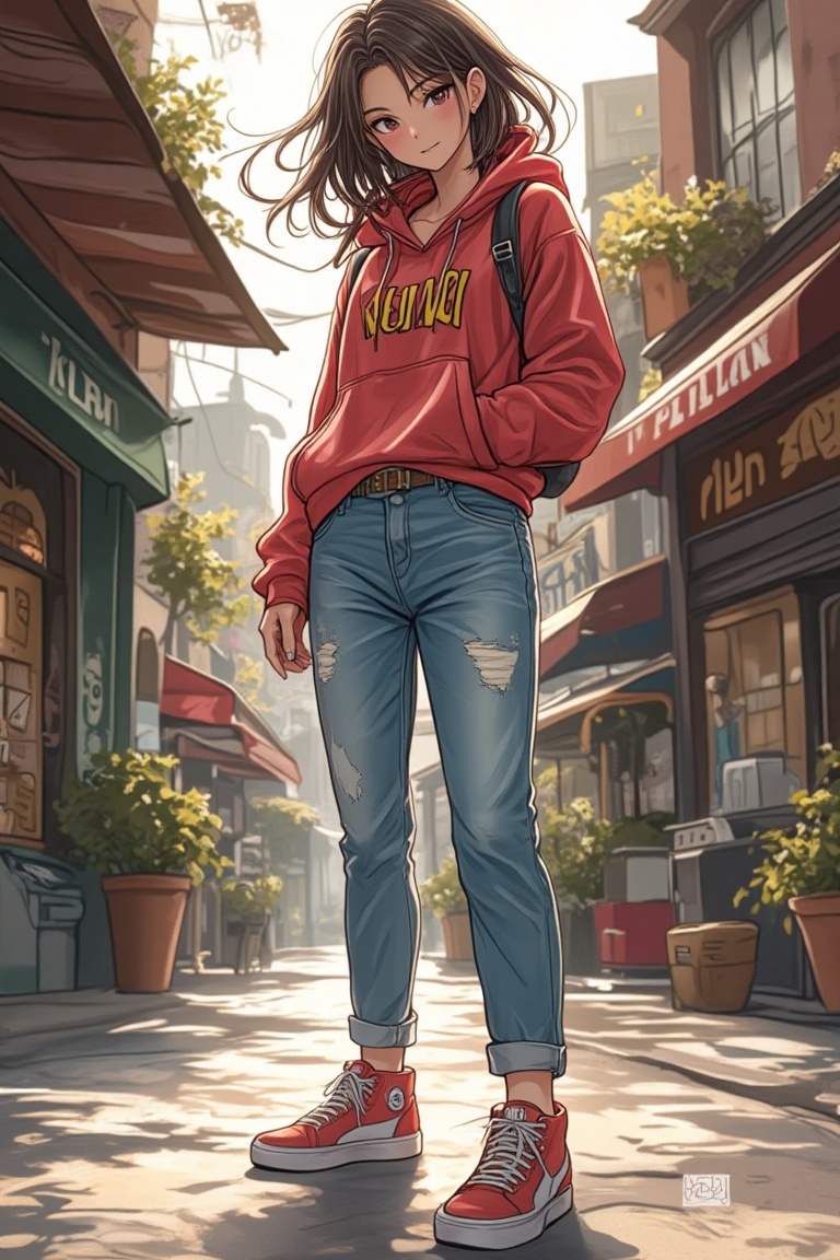 vibrant Konami art style illustration of a young woman in casual wear,  standing relaxed with a playful smile. She wears a...