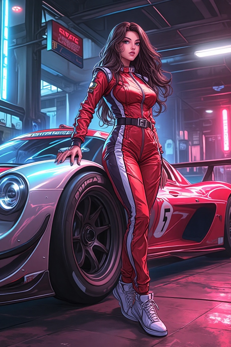 A vibrant Konami art style illustration featuring a dynamic woman in a racing suit,  standing confidently next to a sleek,...