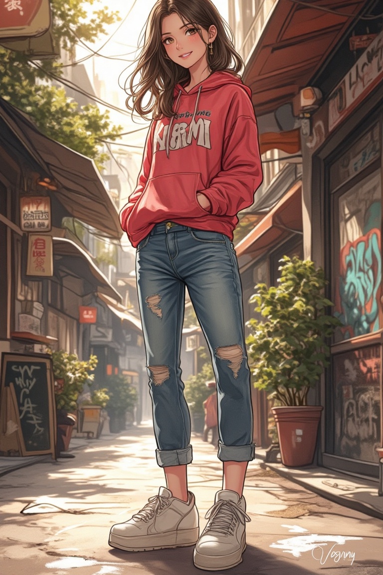 vibrant Konami art style illustration of a young woman in casual wear,  standing relaxed with a playful smile. She wears a...