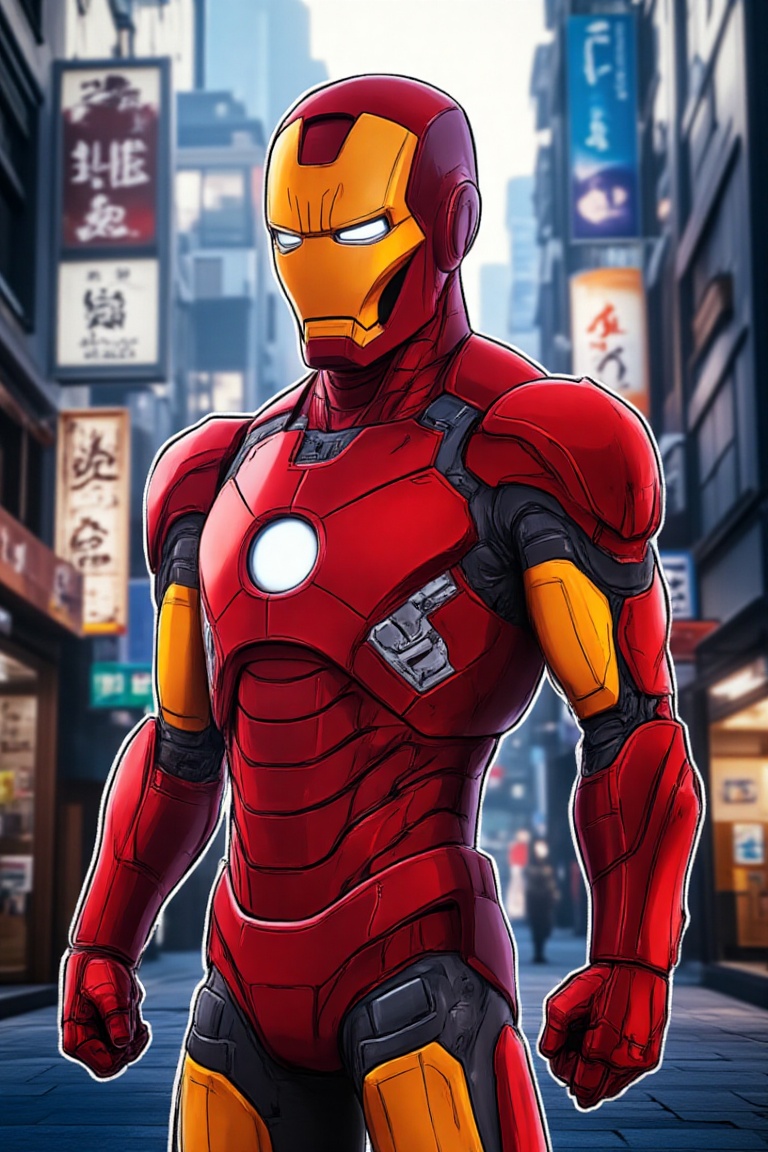 sticker-like,  an iron man in the middle of a city on Tensor.Art