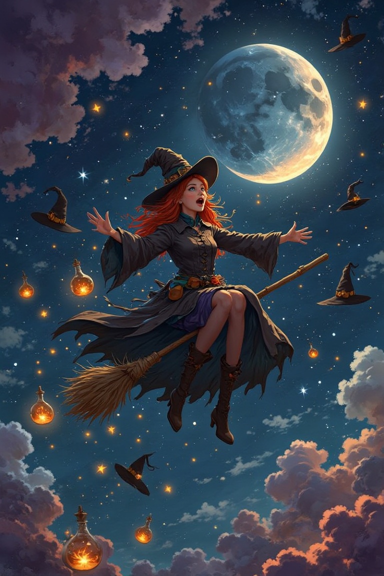 A bewitching Halloween scene: A beautiful woman,  wild-haired witch with mismatched attire,  soars above crescent moon on...
