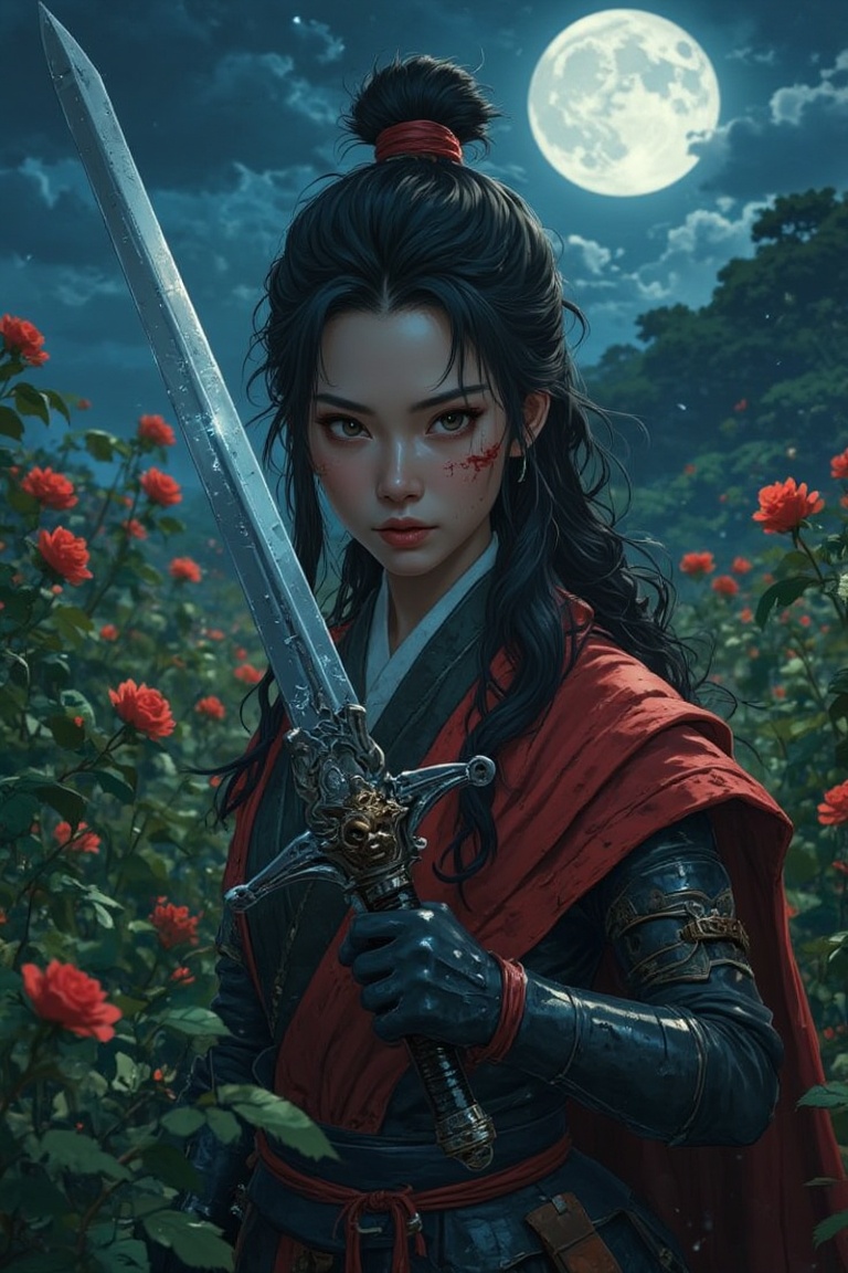 A majestic Asian warrior rises from the moonlit wilderness,  surrounded by rustling red roses. Her piercing gaze sweeps ac...
