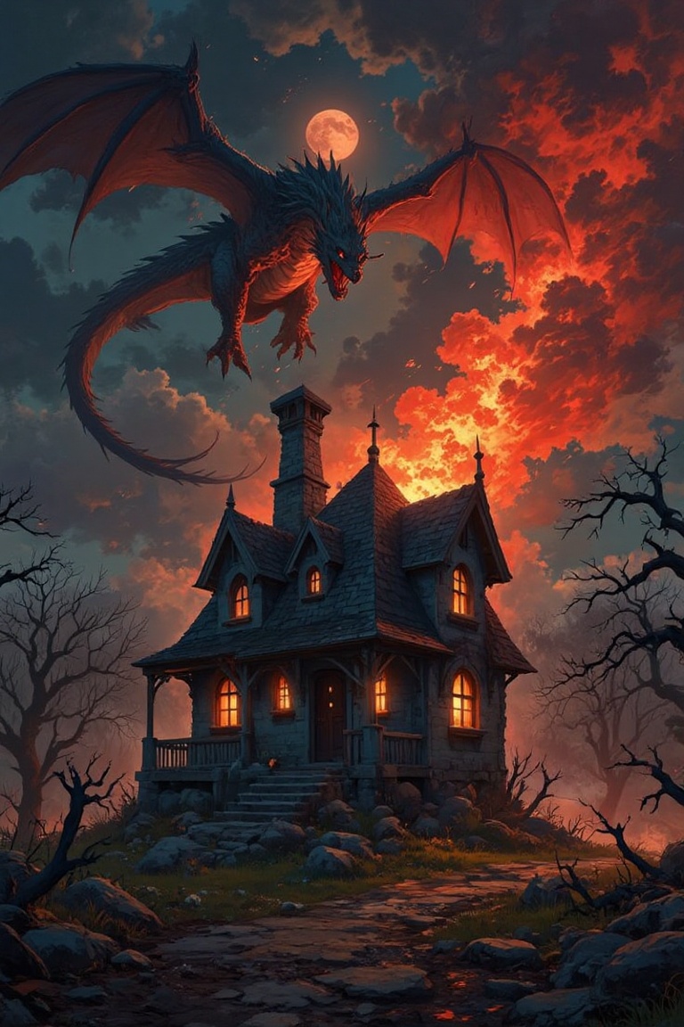 The image depicts a haunted house as the central focus,  set in a dark and foreboding environment. The house is ancient,...