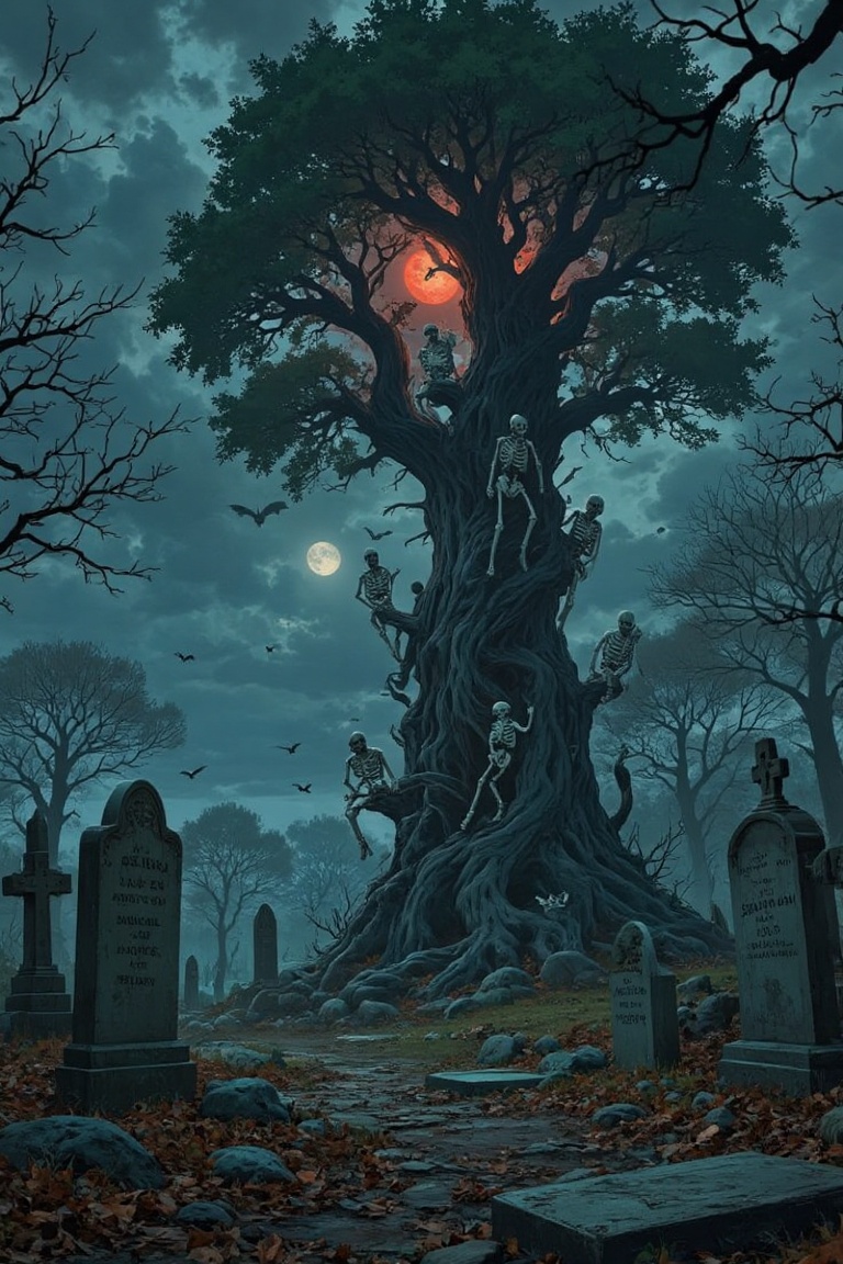 A haunting 8K masterpiece: In the foreground,  weathered tombstones rise from the earth,  bearing ancient epitaphs amidst...