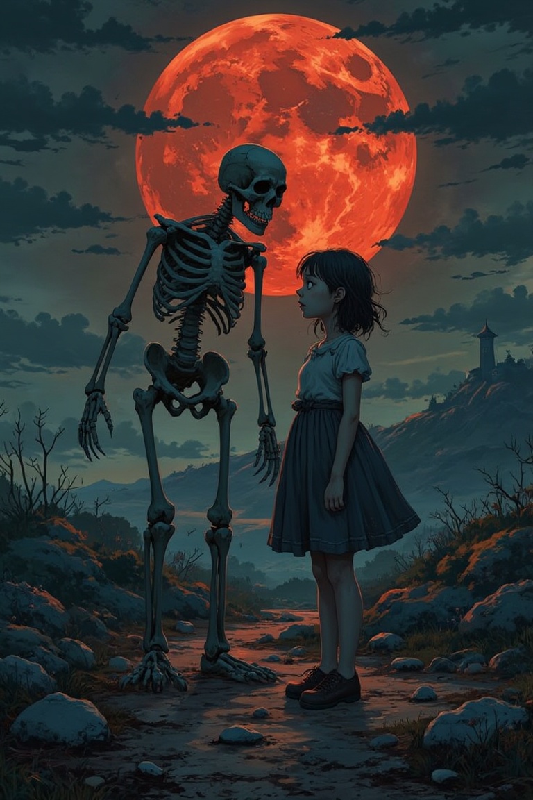 A crimson moon hangs low in the darkened sky,  casting an eerie glow over the desolate landscape as a peculiar girl stands...