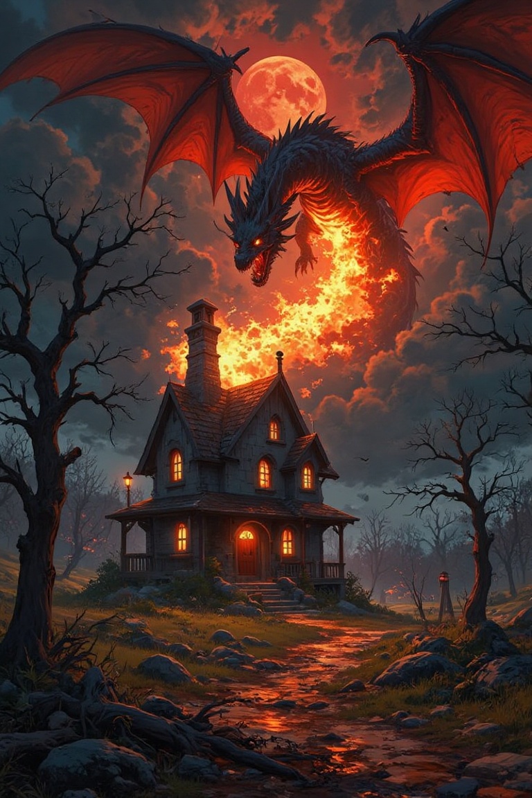 The image depicts a haunted house as the central focus,  set in a dark and foreboding environment. The house is ancient,...