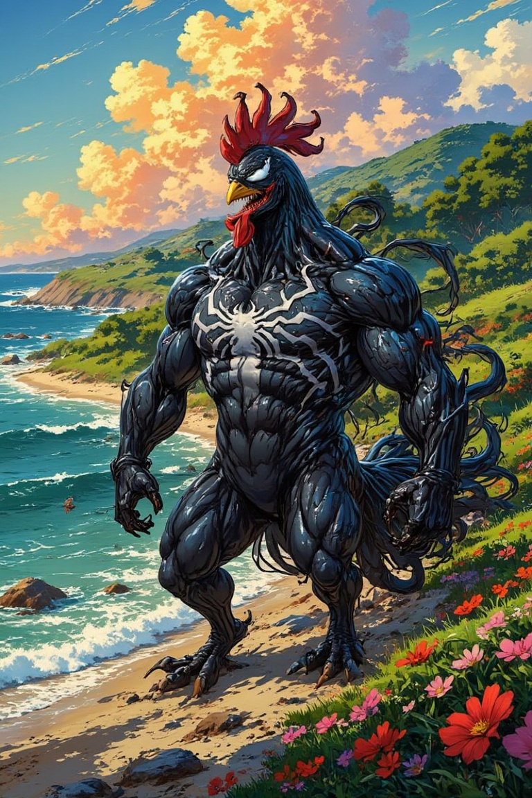 In this captivating anime-style illustration of ) twisted as a Venom Marvel. Hybrid as CHICKEN full chracter of chicken vi...