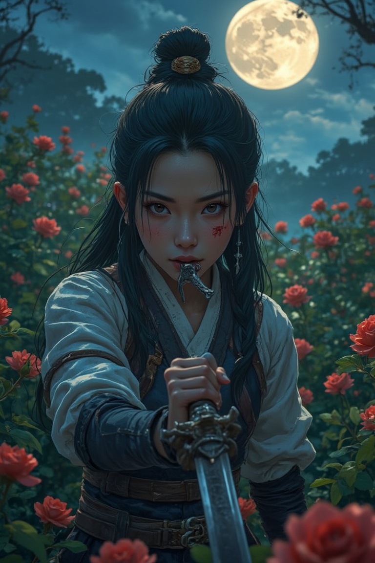 A majestic Asian warrior rises from the moonlit wilderness,  surrounded by rustling red roses. Her piercing gaze sweeps ac...