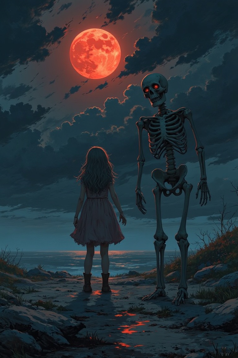 A crimson moon hangs low in the darkened sky,  casting an eerie glow over the desolate landscape as a peculiar girl stands...