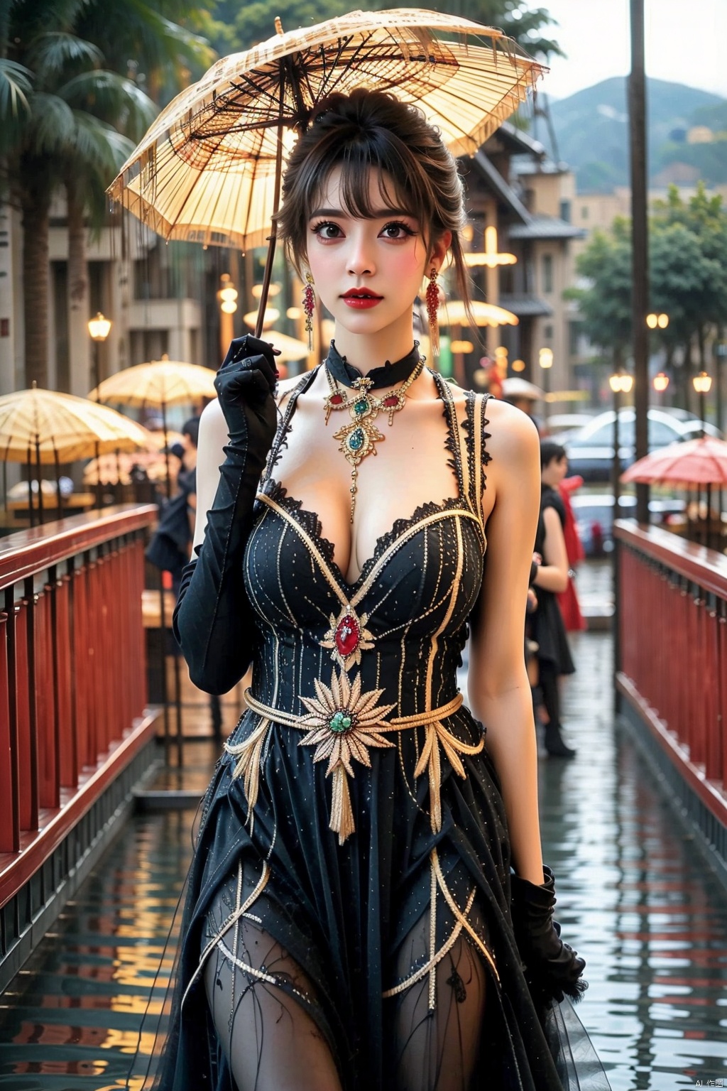 1girl
solo
breasts
looking at viewer
short hair
bangs
black hair
gloves
hat
dress
holding
cleavage
bare shoulders
jewelry
medium breasts
standing
earrings
outdoors
choker
black gloves
elbow gloves
blurry
black eyes
black dress
makeup
blurry background
umbrella
holding umbrella
red lips
photo background




