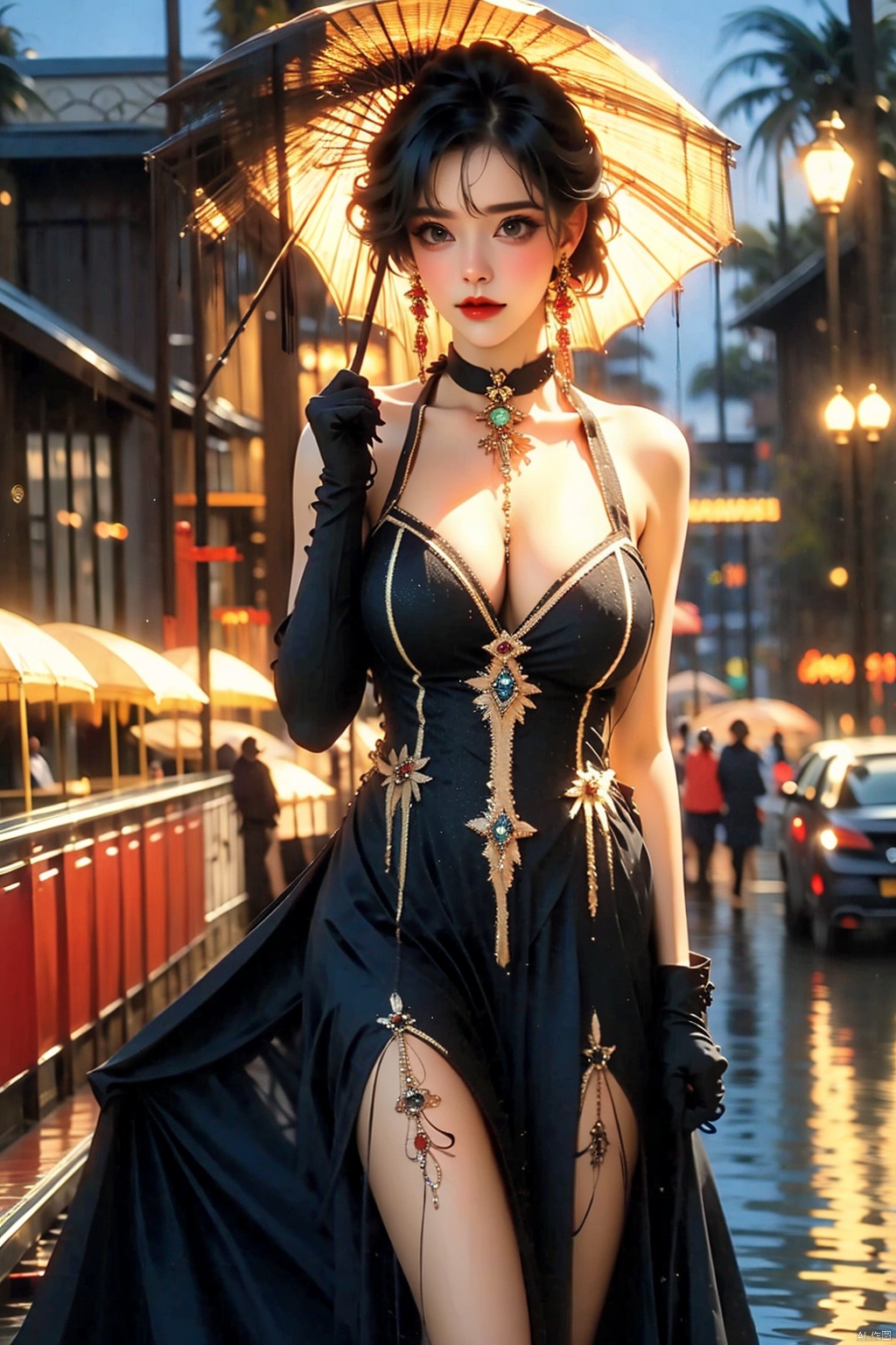 1girl
solo
breasts
looking at viewer
short hair
bangs
black hair
gloves
hat
dress
holding
cleavage
bare shoulders
jewelry
medium breasts
standing
earrings
outdoors
choker
black gloves
elbow gloves
blurry
black eyes
black dress
makeup
blurry background
umbrella
holding umbrella
red lips
photo background




