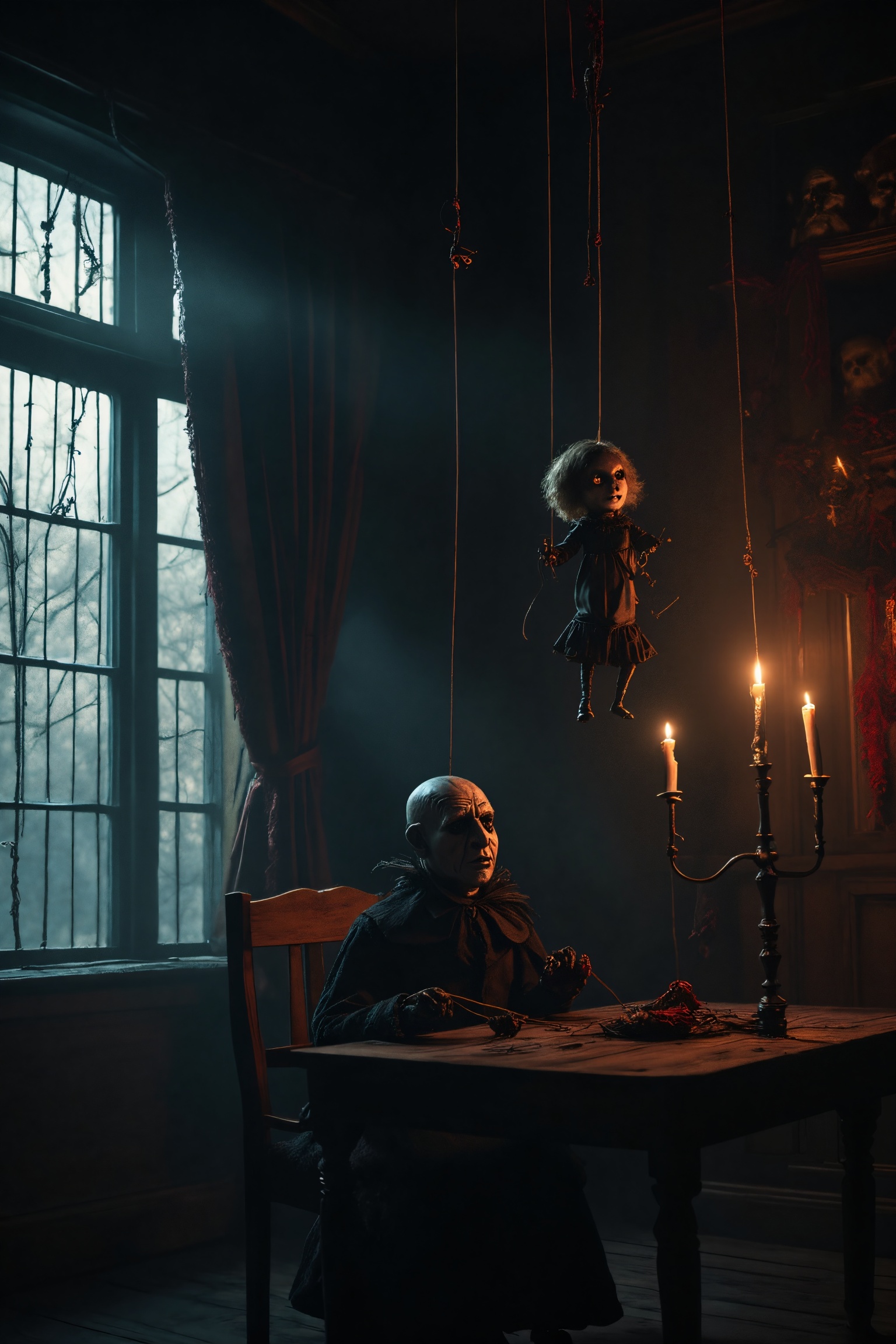 A dimly lit,  cinematic scene in the style of Tim Burton,  shot on 35mm film with a warm on Tensor.Art