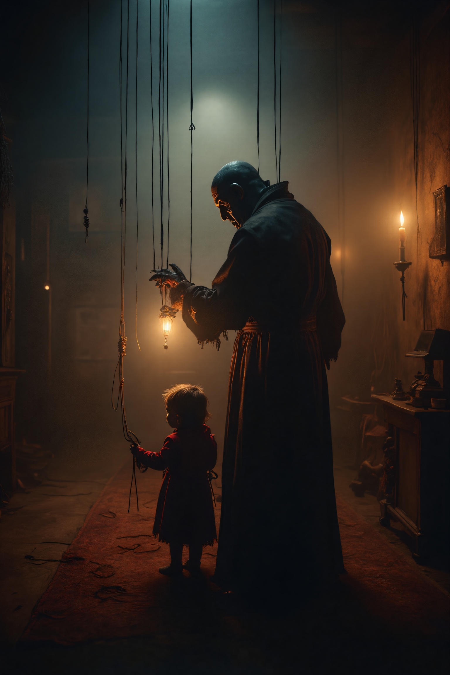 A dimly lit,  high-contrast 8k Victorian interior,  reminiscent of Guillermo del Toro's atmospheric style on Tensor.Art