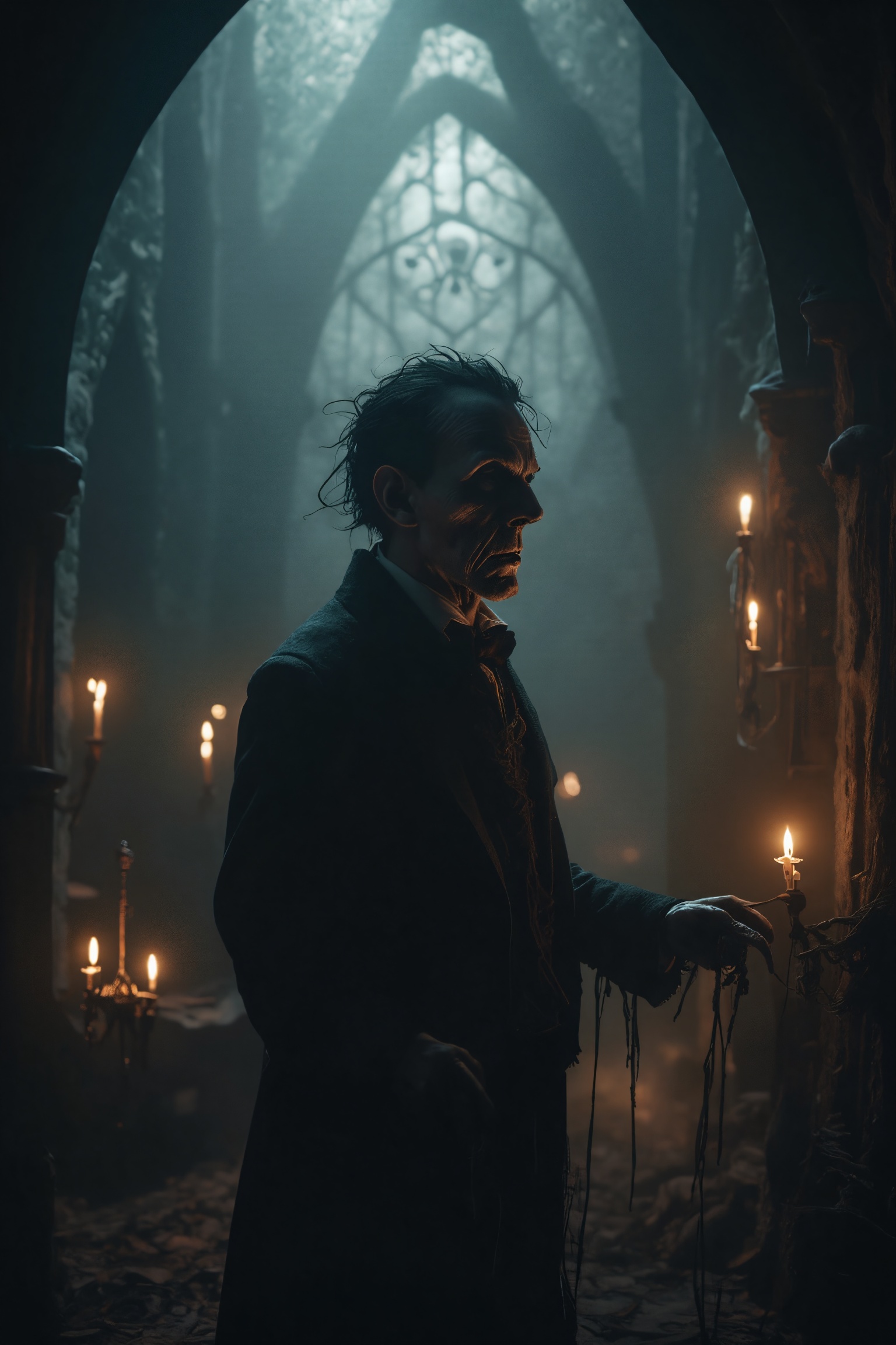 A gaunt,  pale-skinned man with sunken eyes and dark hair,  dressed in tattered Victorian attire on Tensor.Art