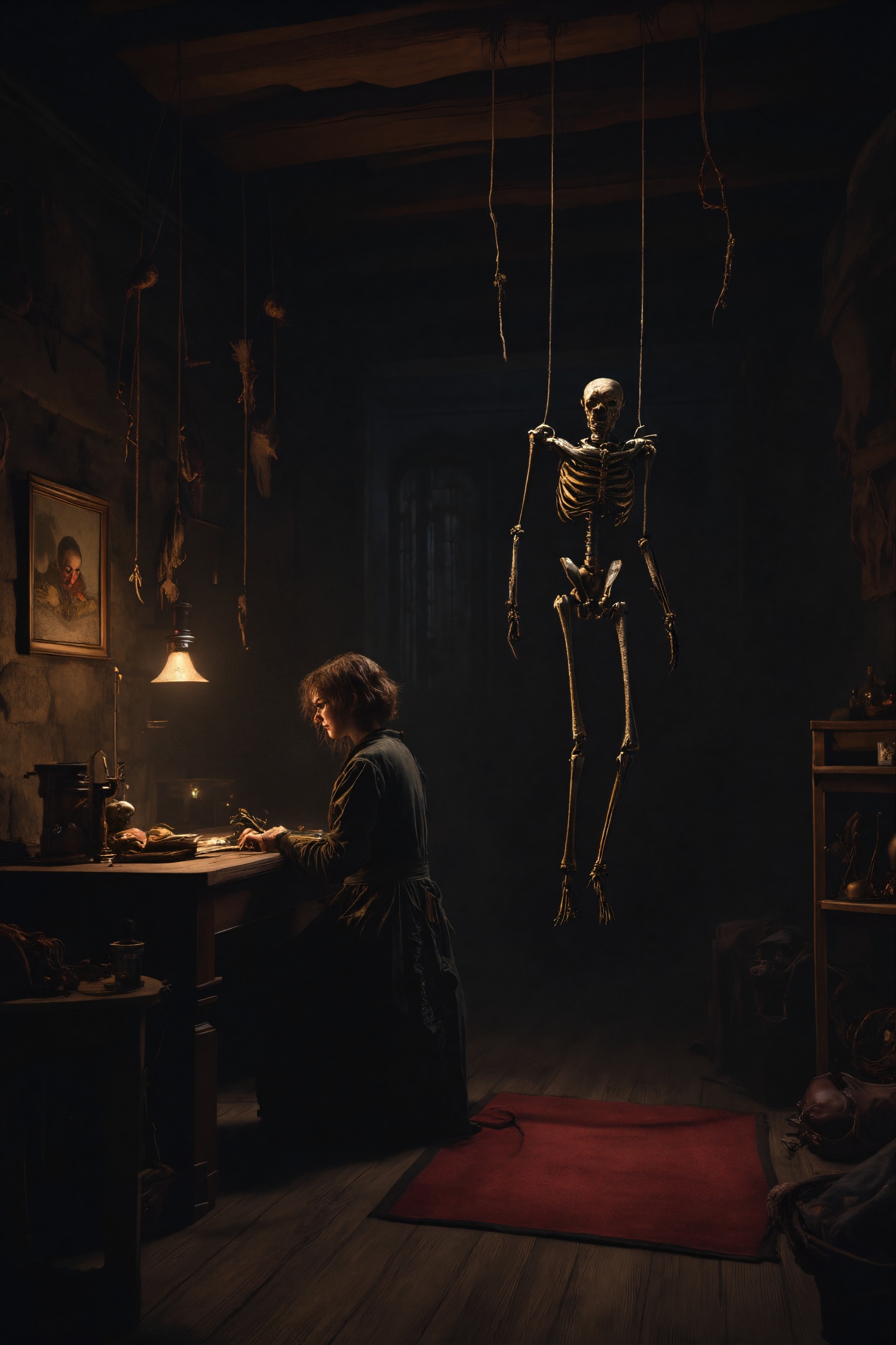 This is a digital artwork depicting a dark,  dimly lit room with a gothic or horror theme. The scene is set in a dimly lit...