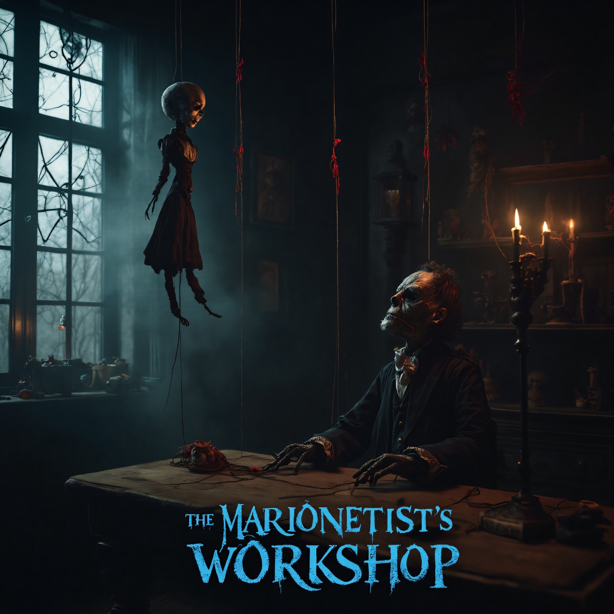 A dimly lit victorian marionette workshop,  cinematic scene in the style of Tim Burton,  shot on 35mm film with a warm on...