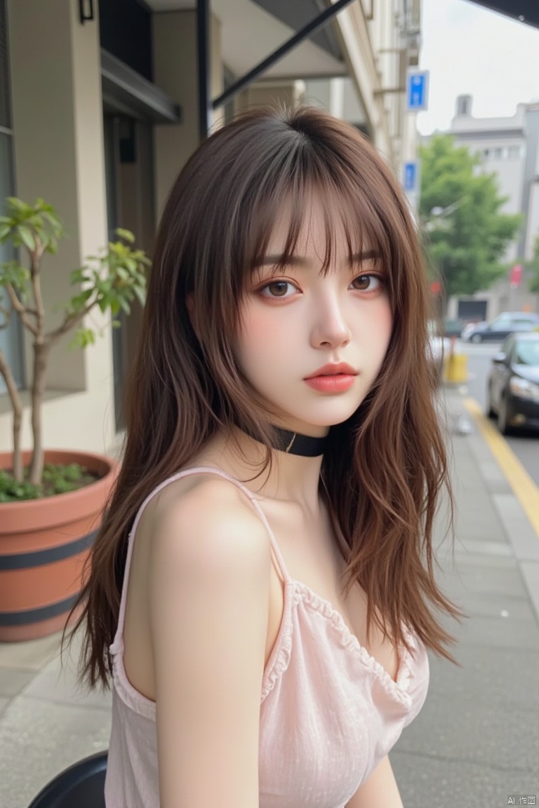 1girl,supermodel,solo,brown hair,bangs,prefect face,makeup,parted lips,thin waist,day,building,plant,potted plant,bokeh,soft lighting,35mm film,epiCPhoto,skin pores,skin texture,masterpiece,best quality,choker,Fuji camera filter,HD photography,